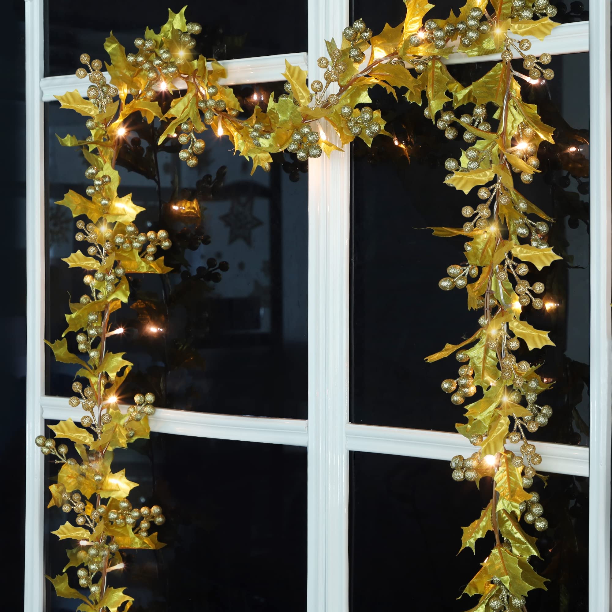 DR.DUDU 6 FT Gold Berry Christmas Garlands, 20 LED Lighted Artificial
