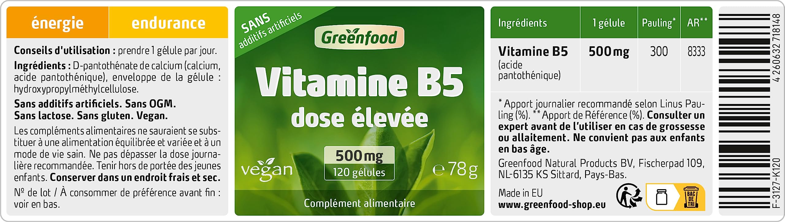 Greenfood Vitamine B5 (acide pantothénique), 500 mg, dose élevée, 120 gélules - pour une performance mentale normale. SANS additifs artificiels. Sans organisme génétiquement modifié. Vegan