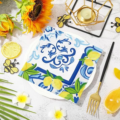 Miniatura 3 de JarThenaAMCS 80 servilletas de papel de limón cian-azul azulejo de almuerzo servilletas desechables de acuarela limón para primavera verano