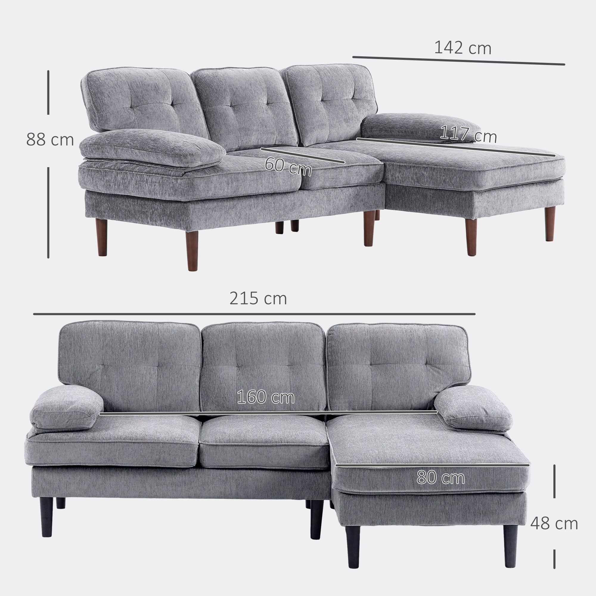 HOMCOM Sofá Esquinero de 3 Plazas Tapizado en Chenilla 215x142x88 cm Gris | Sofá Chaise Longue en Forma de L, Patas de Madera y Reposabrazos, Estilo Moderno, para Salón