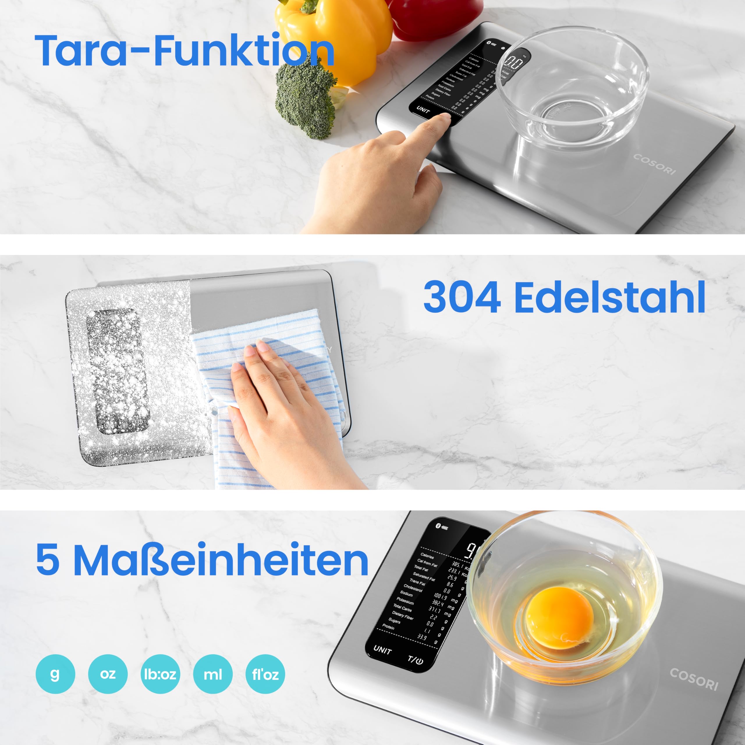 Cosori Küchenwaage digital mit Nährwertberechnung, Edelstahl, 5KG-1g, Silber