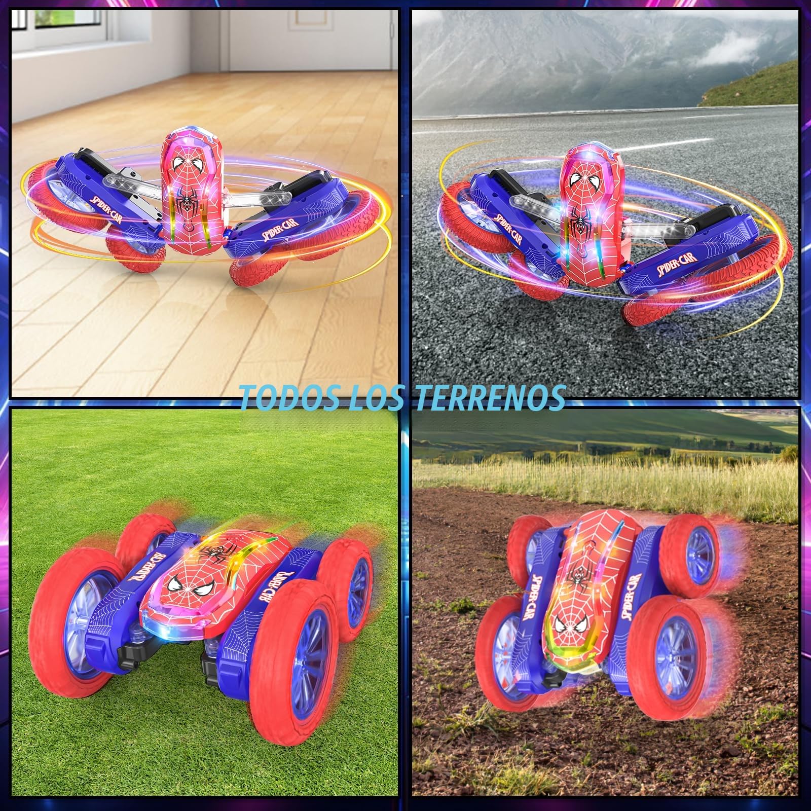 Coche Teledirigido Niños 4 5 6 7 8 9 10 Años, Spider Juguete Monster Truck RC Carro Radiocontrol Acrobático con Espectáculo de Luz, Remote Car Regalo Niña Cumpleaños Navidad Juego Infantiles Exterior