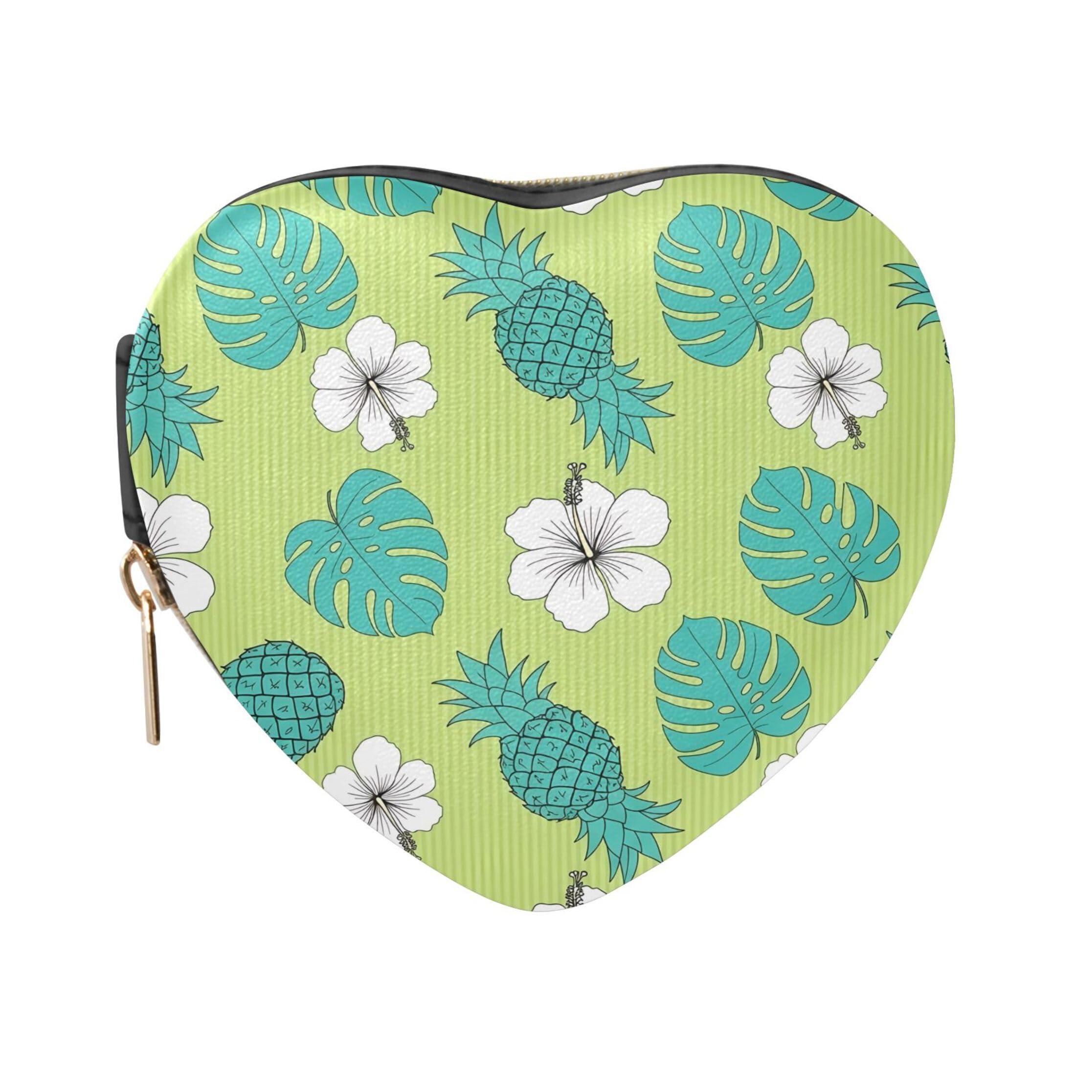 Fuauuyl Hibiscus Pineapples Small Jewelry Box Heart-Shaped Jewelry Case, Portable Travel Organizer Bridesmaid Proposal Gift for Women Girls