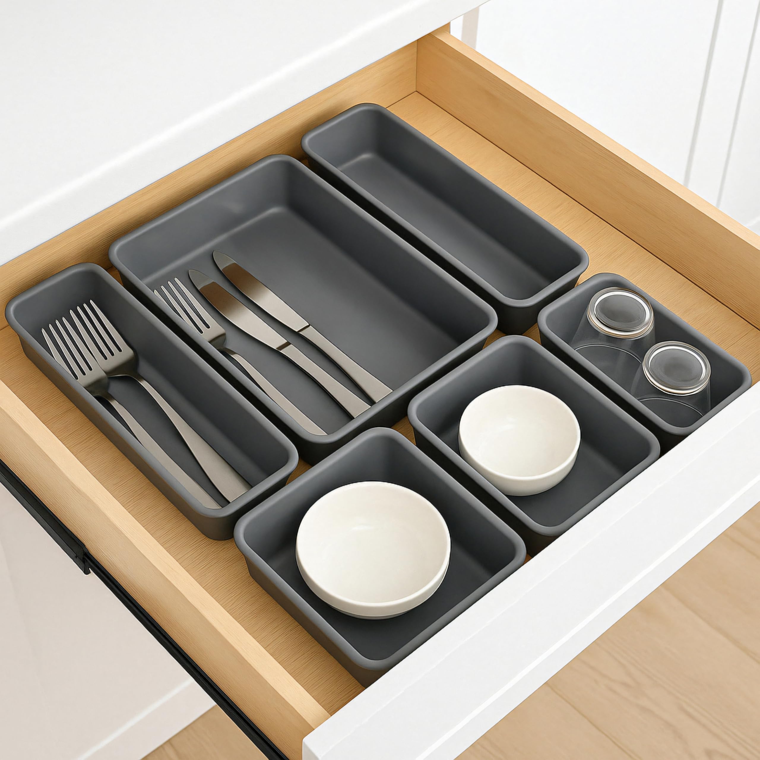 Set 8 Organizer Per Cassetti In Feltro, Divisori Regolabili, Per Scrivania, Bagno, Cucina, Grigio Scuro - 4