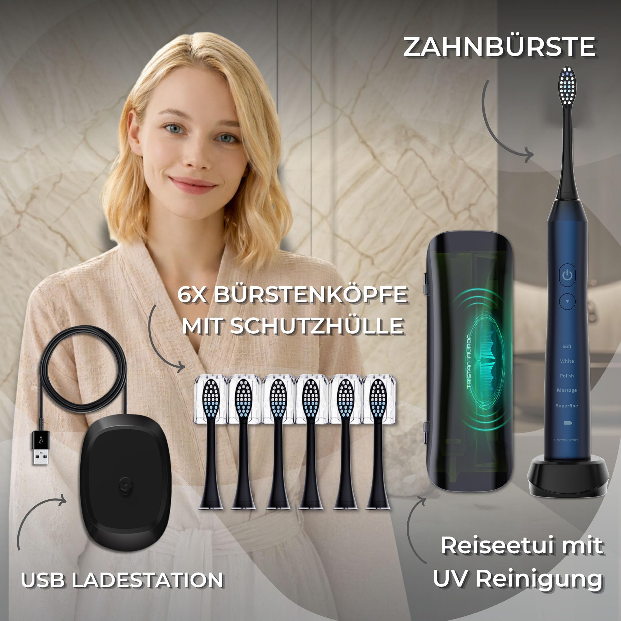 Tristan Auron Schallzahnbürste - Beste Reisezahnbürste 2025-100 Tage risikofrei testen - 55000 Elektrische Schwingungen 5 Programme 60 Tage Batterie mit UV Reiseetui 6 Aufsätze Business Class Blau