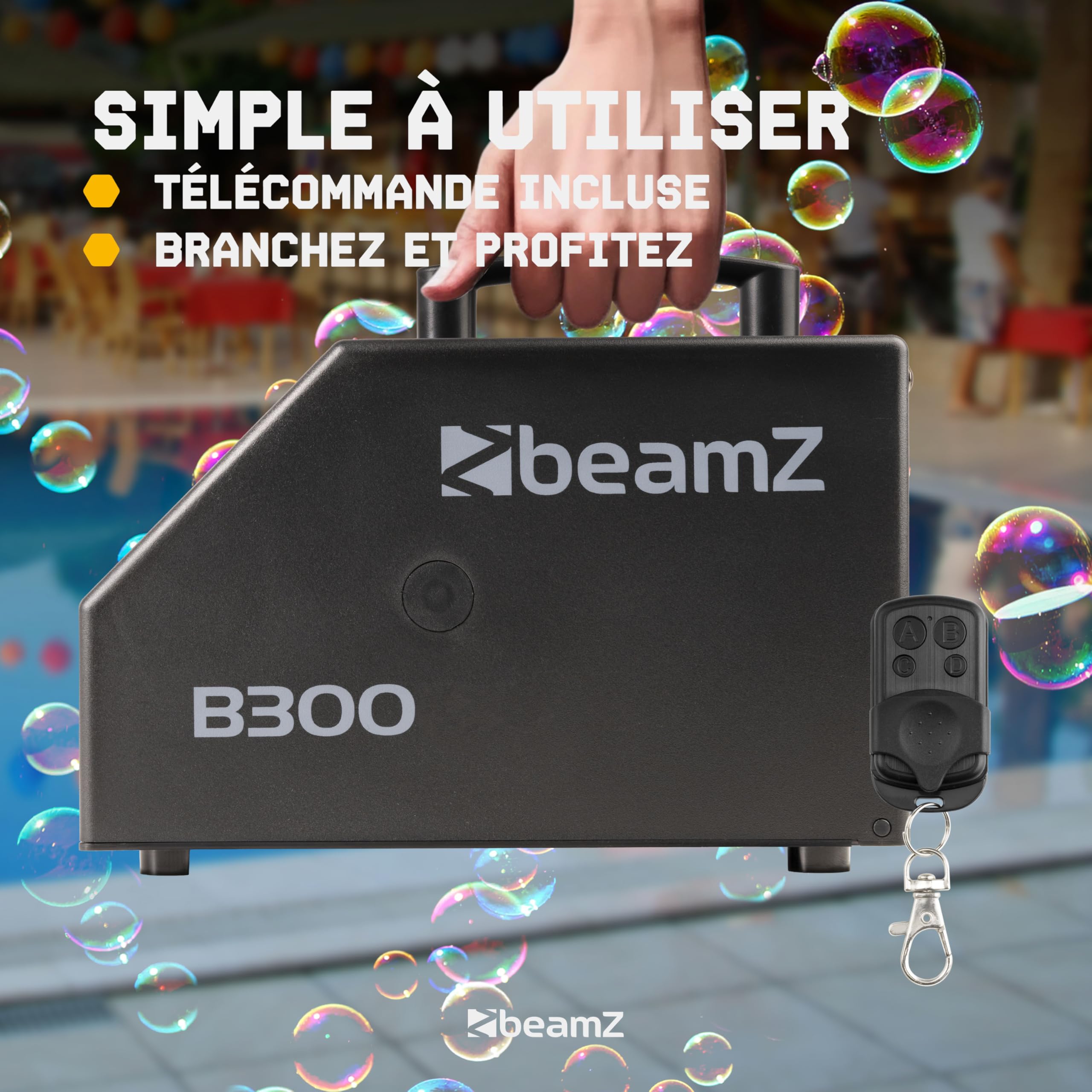 BeamZ B300 Pack Machine à Bulles Enfant/Mariage/Anniversaire avec 5L de Liquide - Double Roue, Facile à Transporter, Télécommande, Réservoir 700mL, Idéale pour Les Fêtes en Extérieur