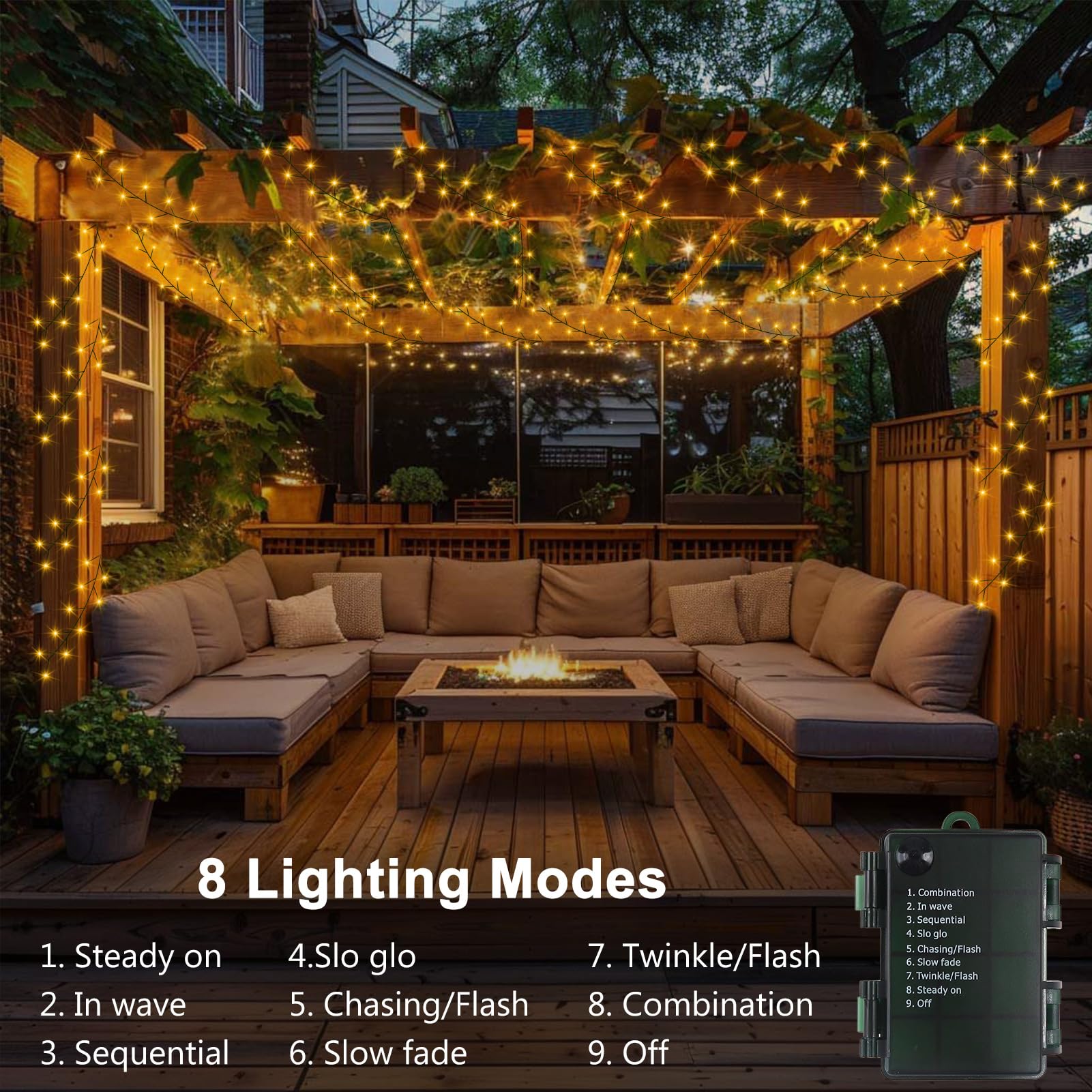 BSGlobal Confezione da 2 luci a grappolo a batteria, totale 400 luci LED di Natale con timer 8 modalità, filo di rame verde scuro per decorazioni per albero di Natale (bianco caldo)