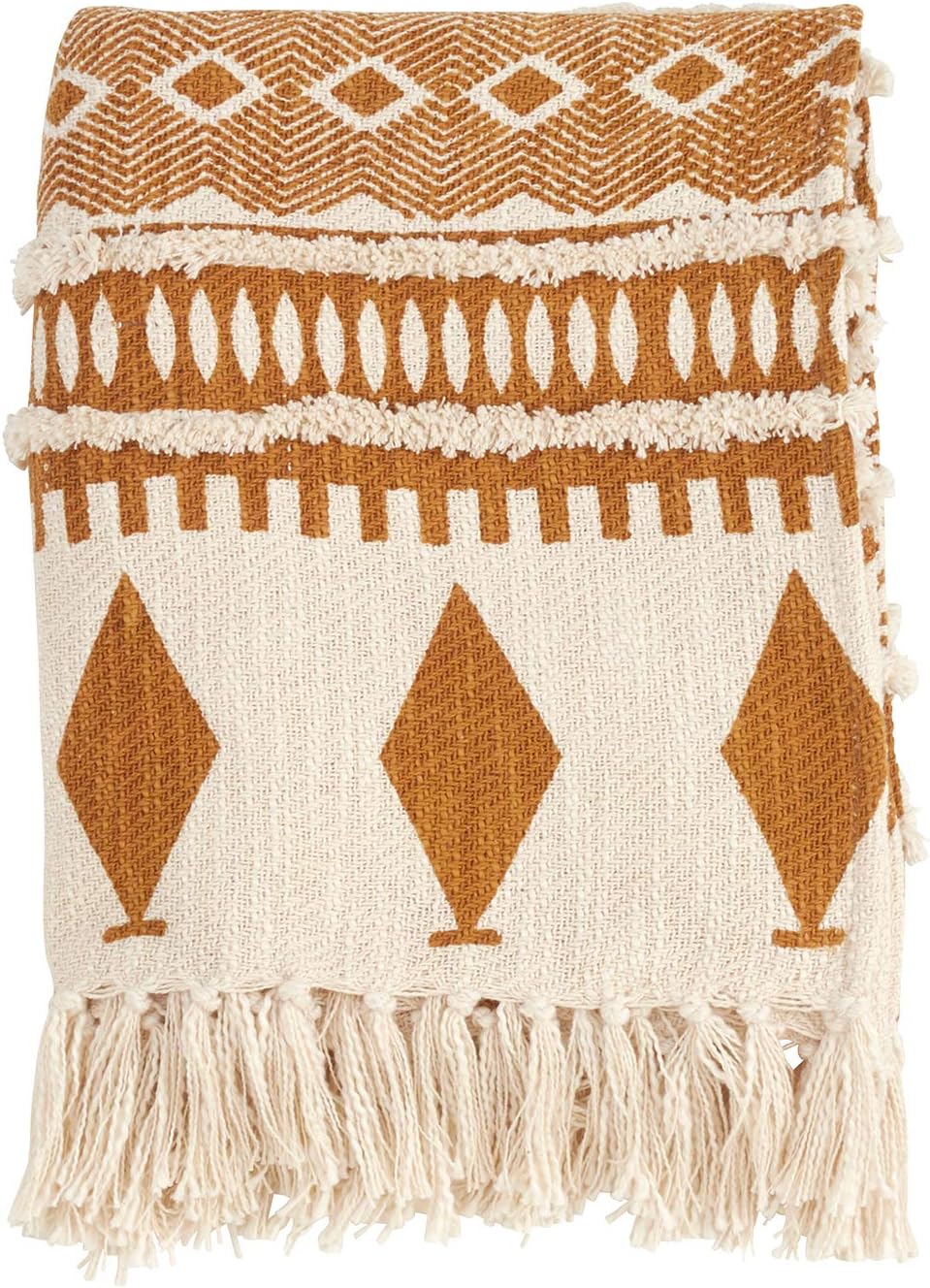 Fennco Styles Sevan Collection Bohemian Tribal Print Tufted Tassel 100% Cotton 50 x 60 Inch – Navy Blue Throw Blanket for Couch, Bedroom and Living Room Décor