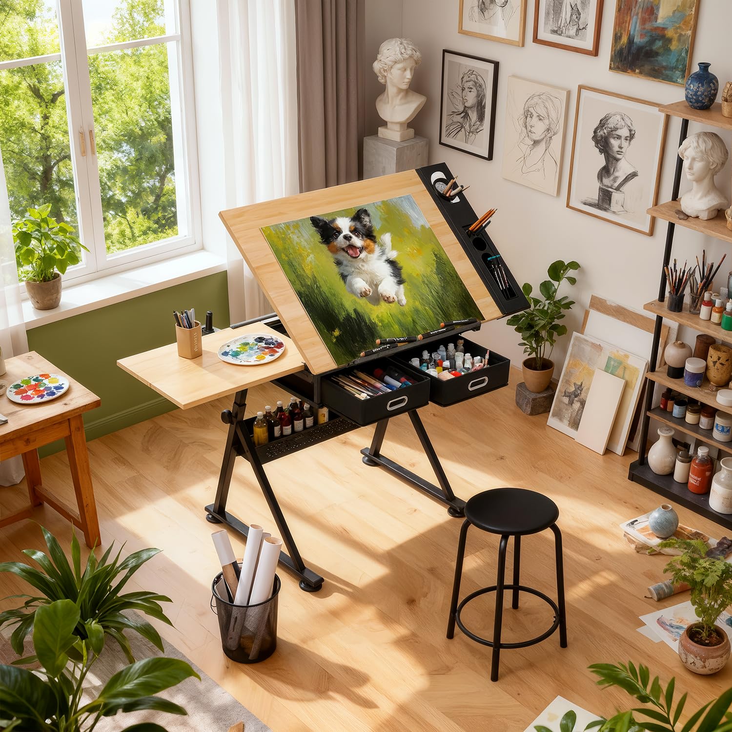 Magshion Tavolo da disegno professionale per adulti con sgabello, piano inclinabile in legno e altezza regolabile, scrivania per lavori artistici, pittura ad acquerello, schizzi, postazione di lavoro