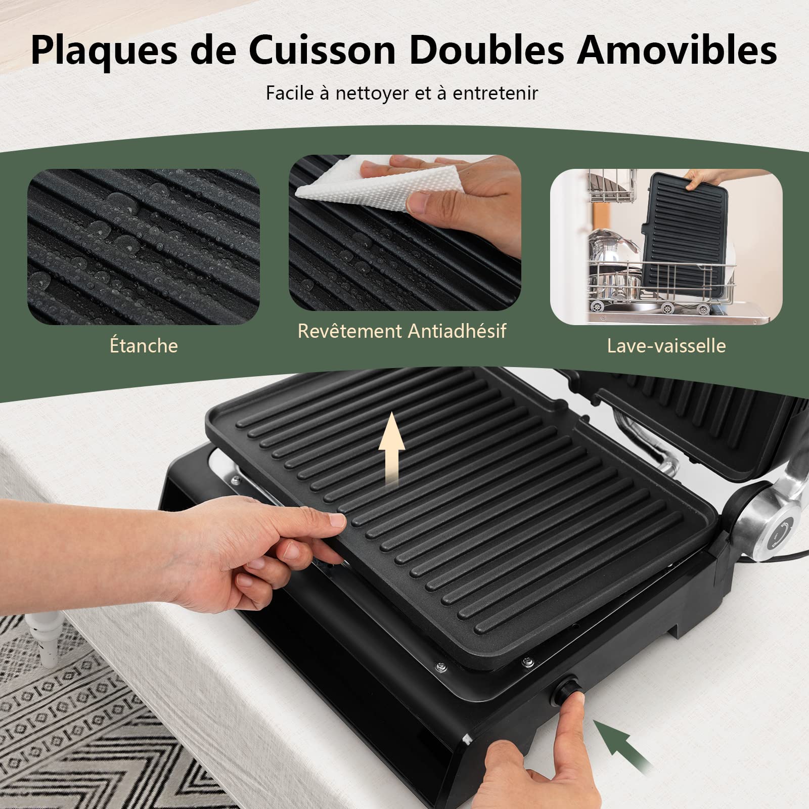 RELAX4LIFE Grill Électrique 2000W Sans BPA avec Rainure Double Faces, Panneau Contrôle Digital, Plaques Amovibles 33x26,5cm, Ouverture à 180º,Barbecue 5 Niveau Réglable, Noir (noir) IW54531HI-FOFR
