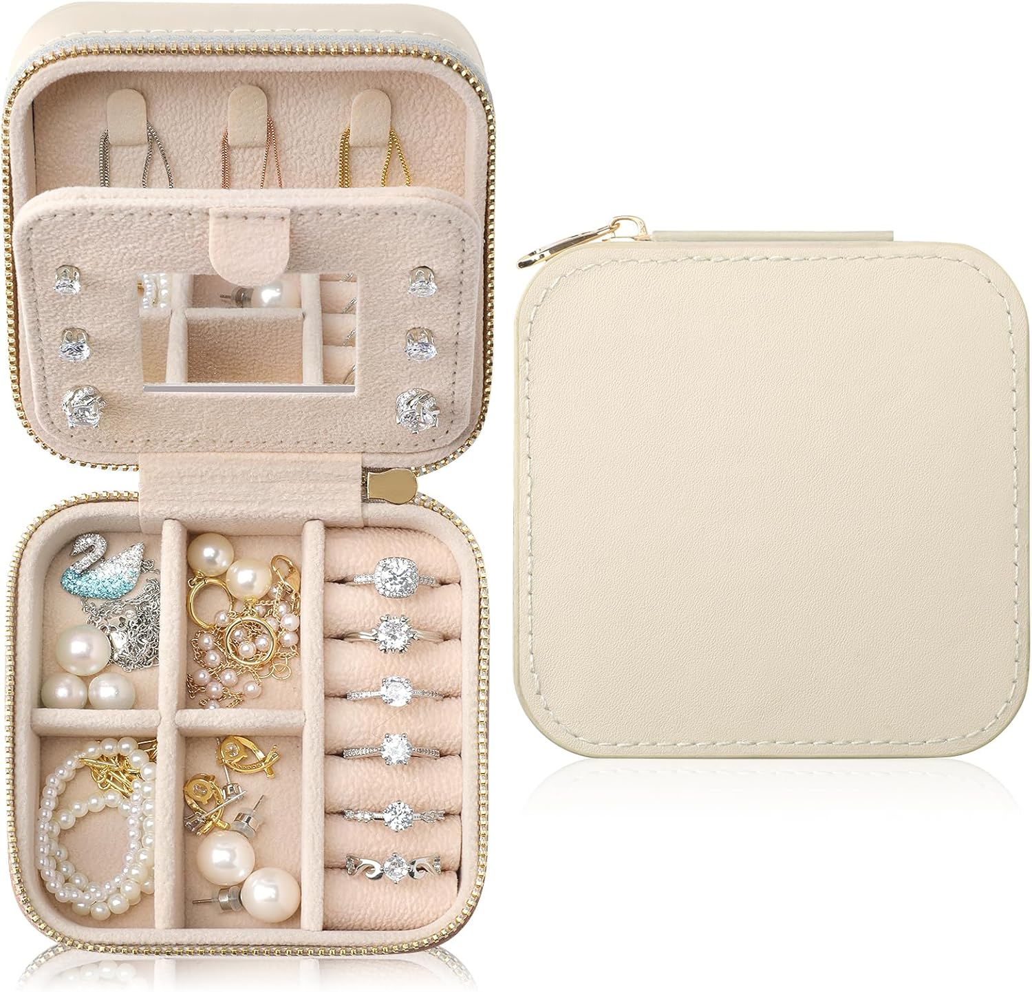 Genuine Leather Travel Jewelry Organizer Case with Mirror for Women, Small Mini Portable Jewelry Box for Earring, Ring, Necklace, Bracelet(Cream)