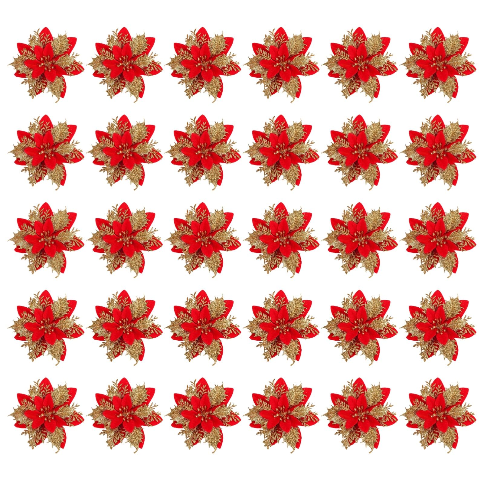 30 adornos de flor de Pascua roja con purpurina, flores artificiales de 5.5 pulgadas con hojas doradas, clips para árboles de Navidad, coronas, decoración navideña