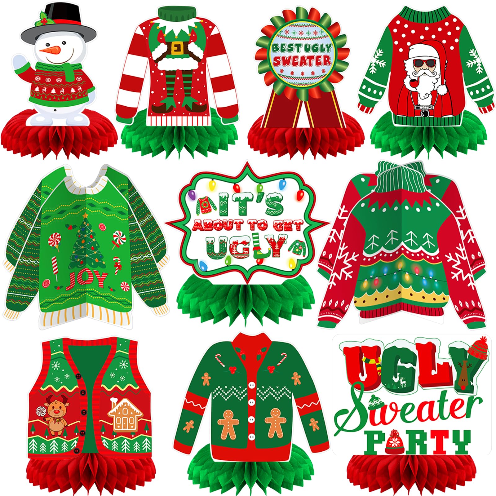 10 Pcs Christmas Honeycomb Centerpieces Xmas Ugly Sweater Table Decoration Christmas 3D Table Topper Decoration Ugly Sweater Honeycomb Centerpieces