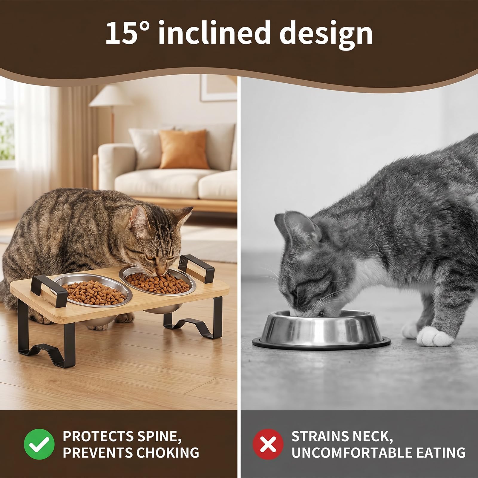 Ciotole per Gatti Rialzate in Acciaio Inossidabile con Base in Bambù Inclinata 15°, Mangiatoia per Cani Piccoli e Gattini