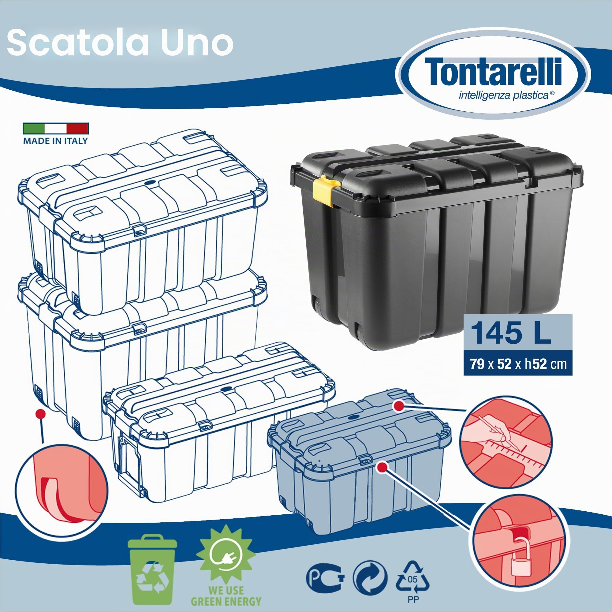 Tontarelli BoxOne Porta-Attrezzi, 140 L, 79 x 52 x h 52 cm, Nero/Ambra