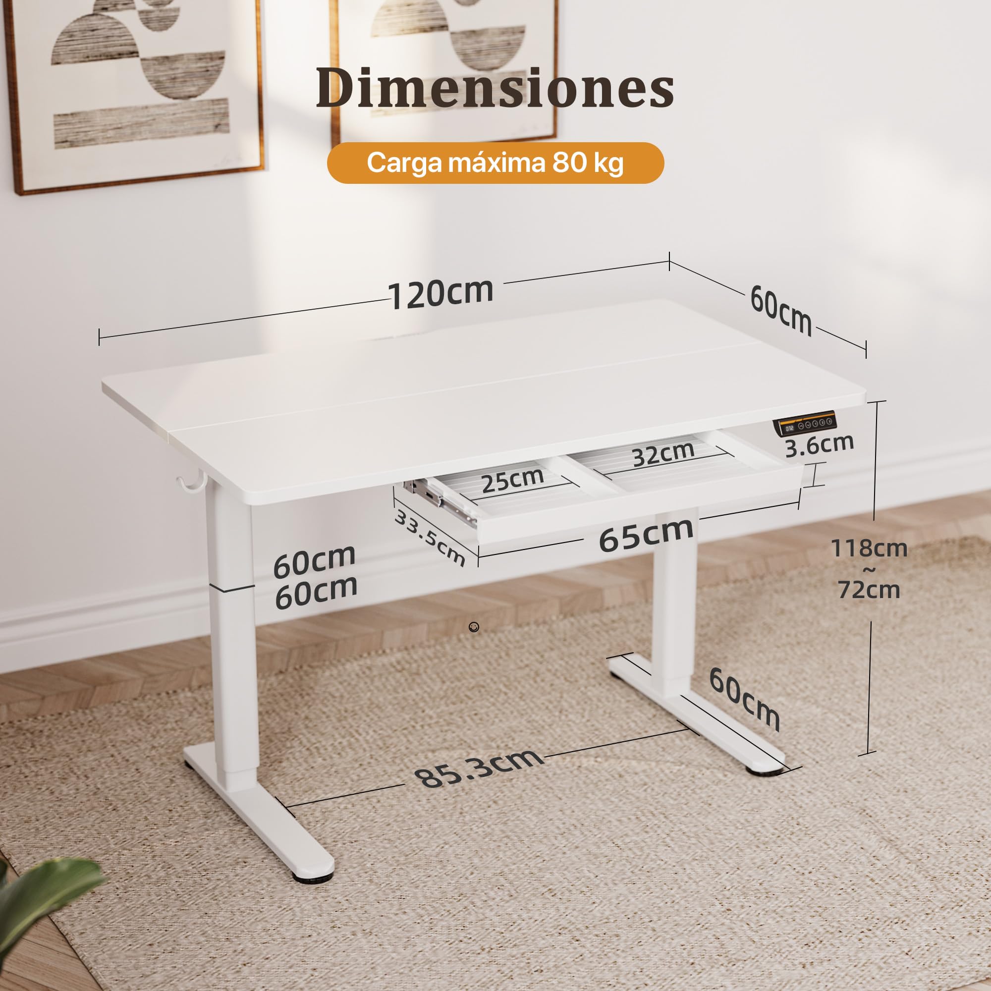 Claiks 120x60cm Escritorio Regulable en Altura con Cajones,80KG Capacidad de Carga Escritorio Elevable con 3 Memorias Inteligentes & 2 Gancho para Auriculares, Blancos