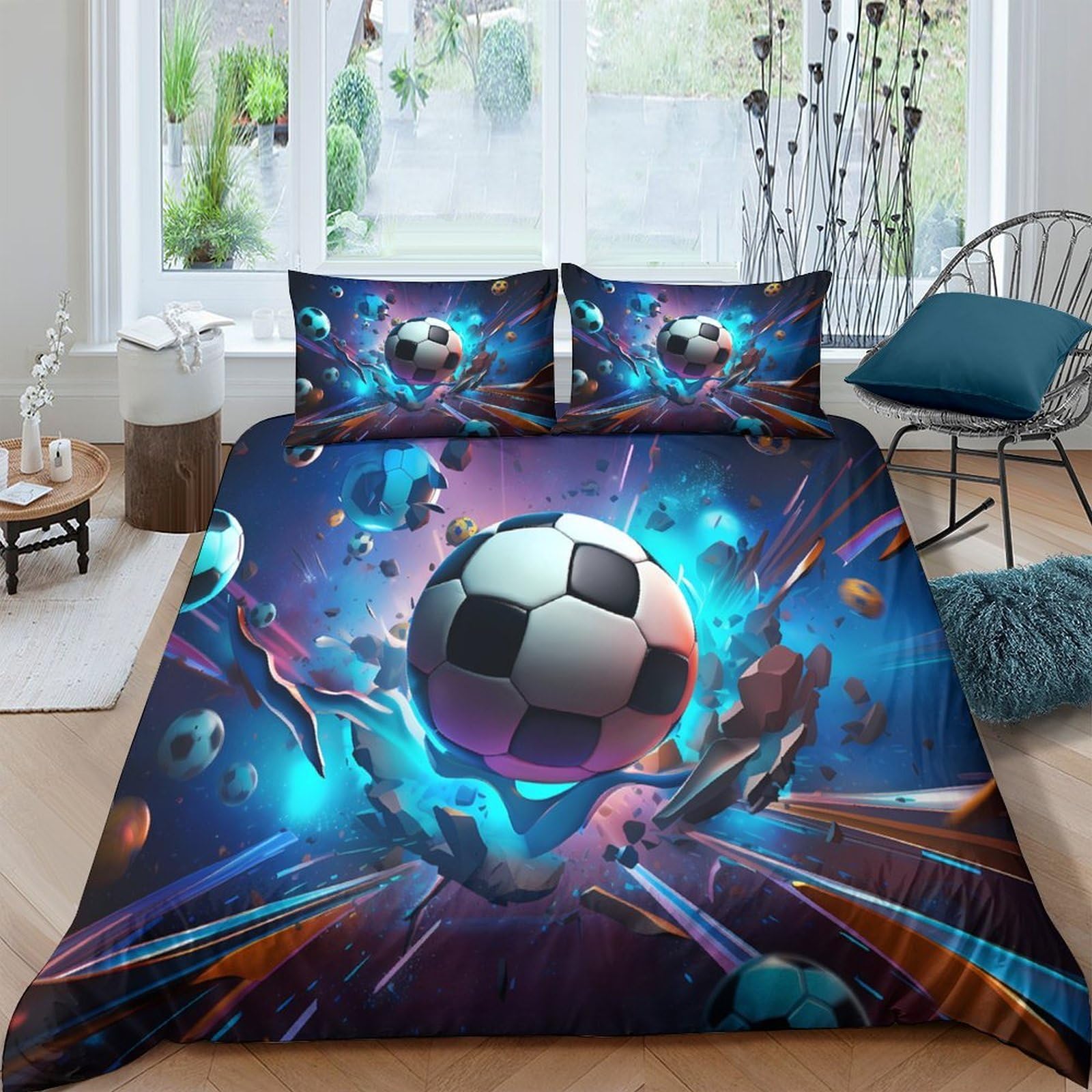 Ctjqhvkz Style-6 3D Printed Futuristic Soccer Fitted Sheet Microfiber Soft Breathable Neon Football Bed Cover For Bedroom Dorm Decor Single（135X200cm）