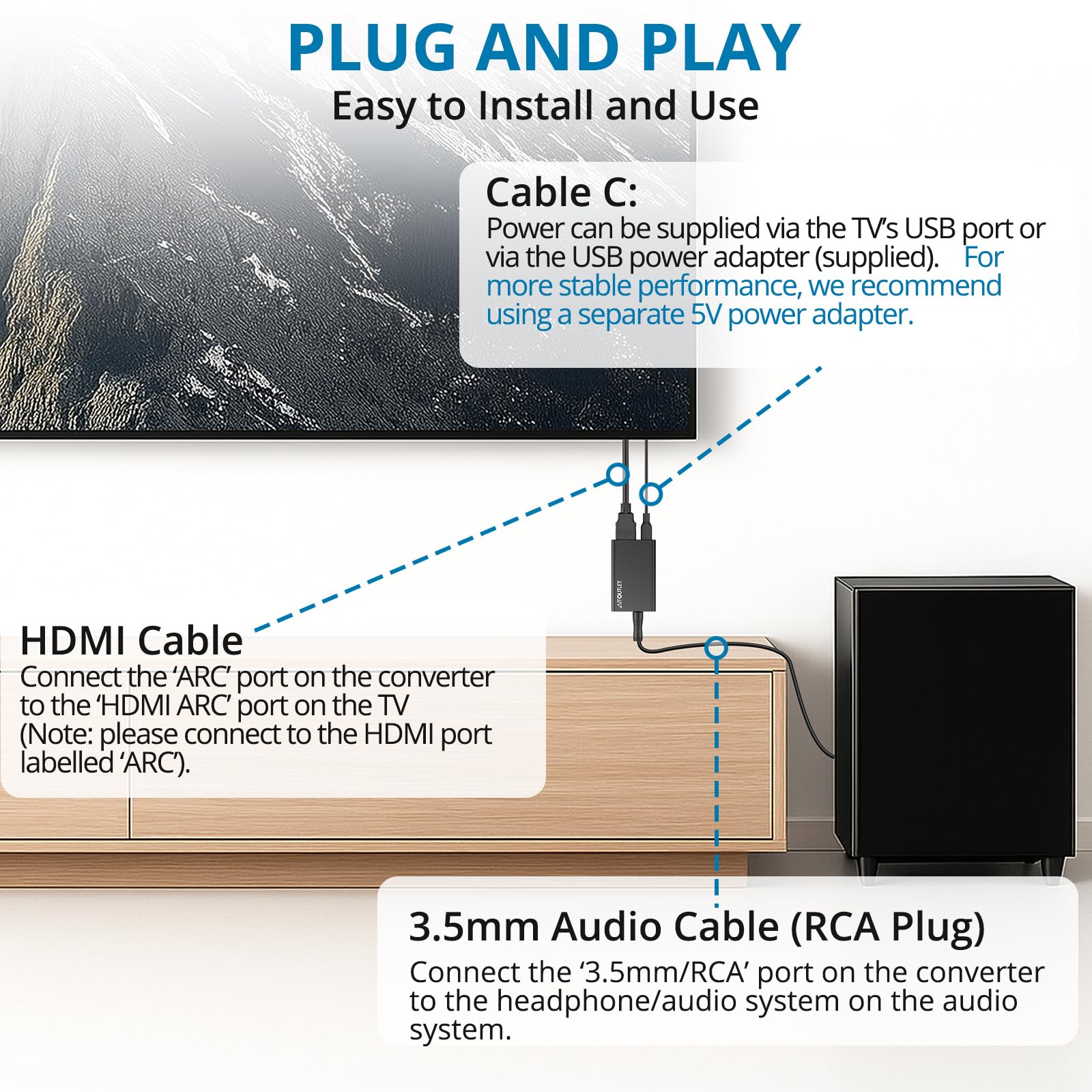 AUTOUTLET HDMI ARC Audio Extraktor, 192kHz HDMI Audio Splitter 3,5mm -Stereo Audioausgang, ARC Adapter mit 1M 3.5mm zu RCA Kabel für Verstärker Soundbar Heimkinosystem usw