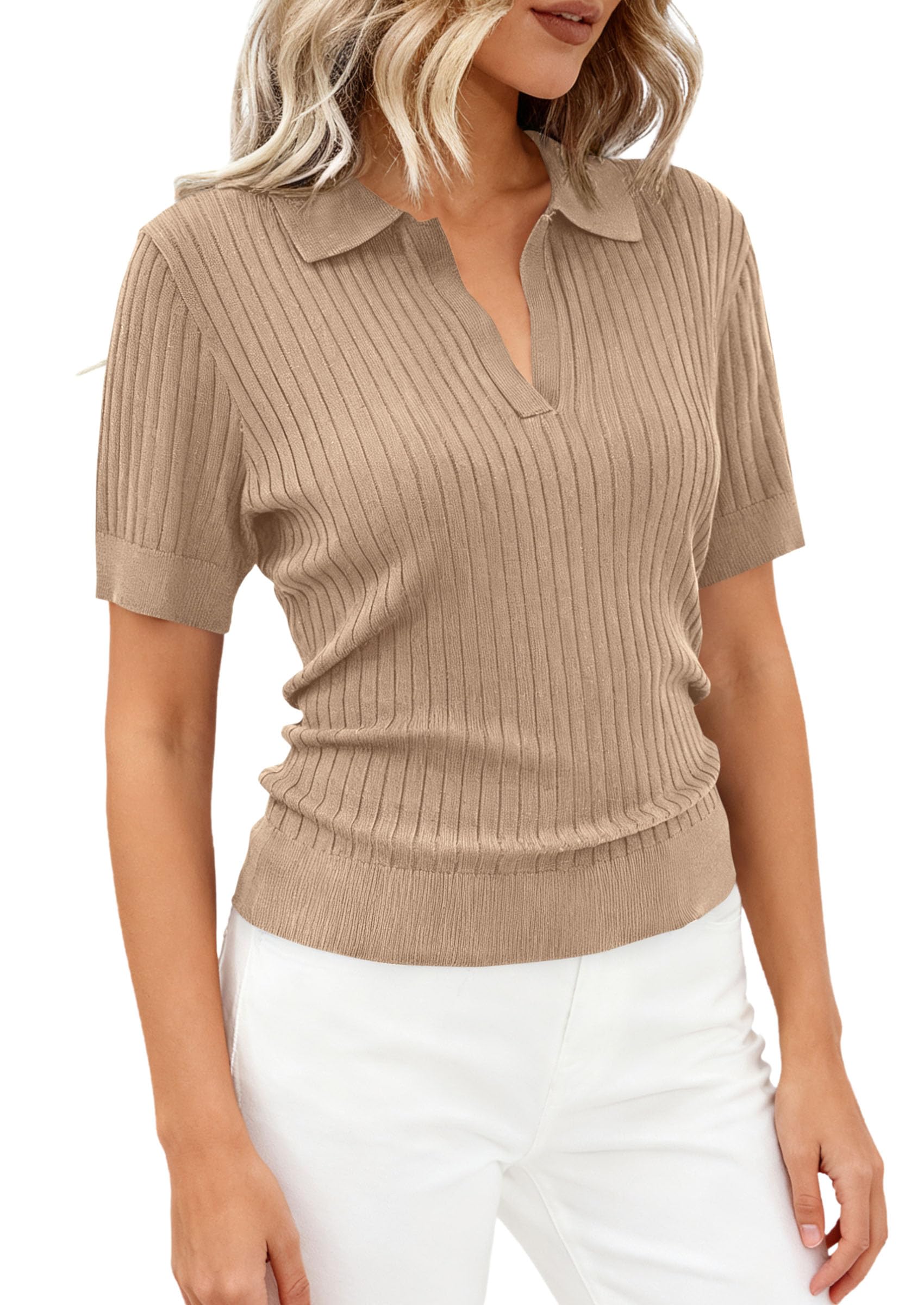 PRETTYGARDEN Womens Short Sleeve Sweater 2026 Spring Polo Shirts Ribbed Knit V Neck Business Casual Tops Summer Work