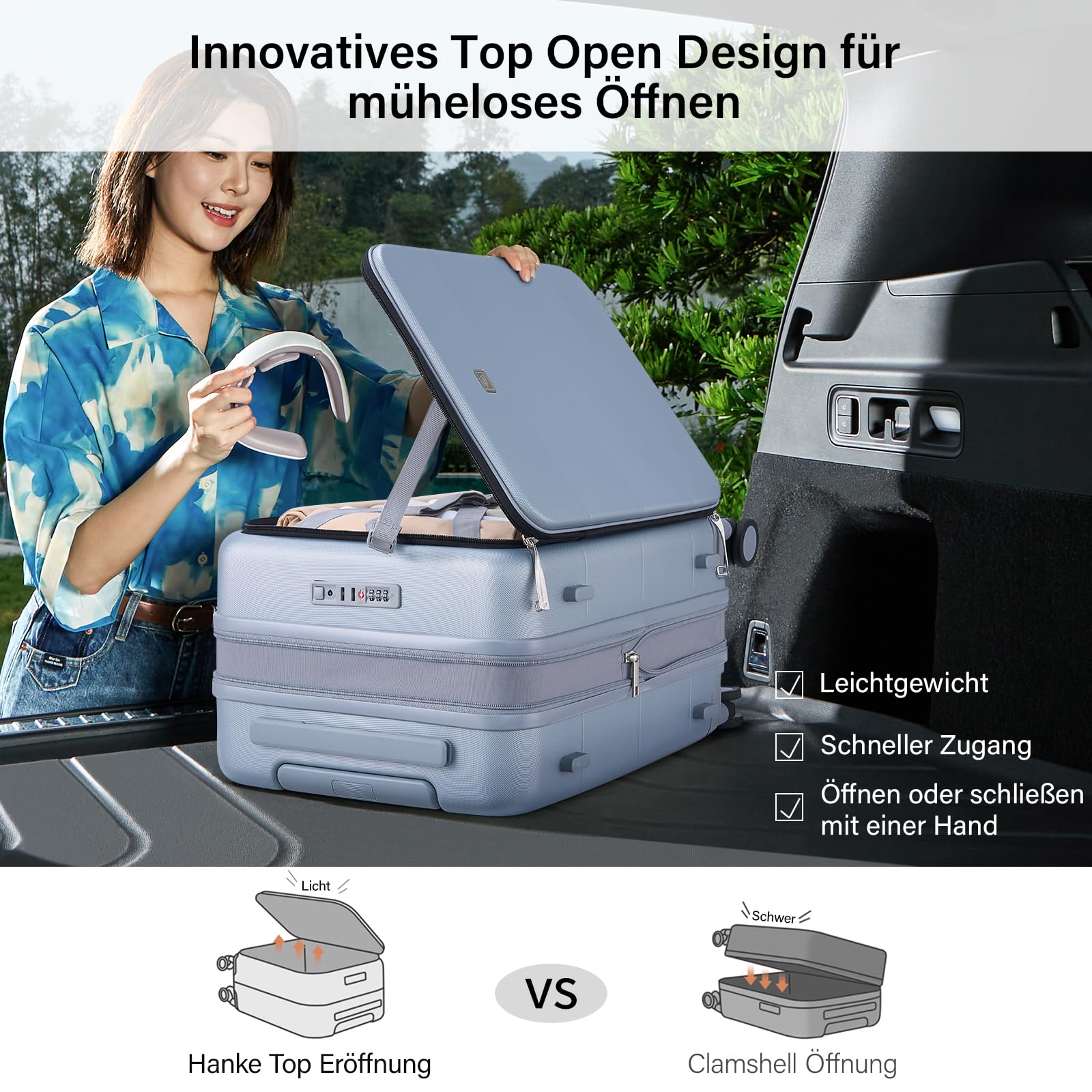 Hanke Erweiterbarer Koffer Handgepäck mit 360°-Spinnerrändern, Frontöffnung PC Hartschalenkoffer mit integriertem TSA-Schloss 49cm(40L), Grau