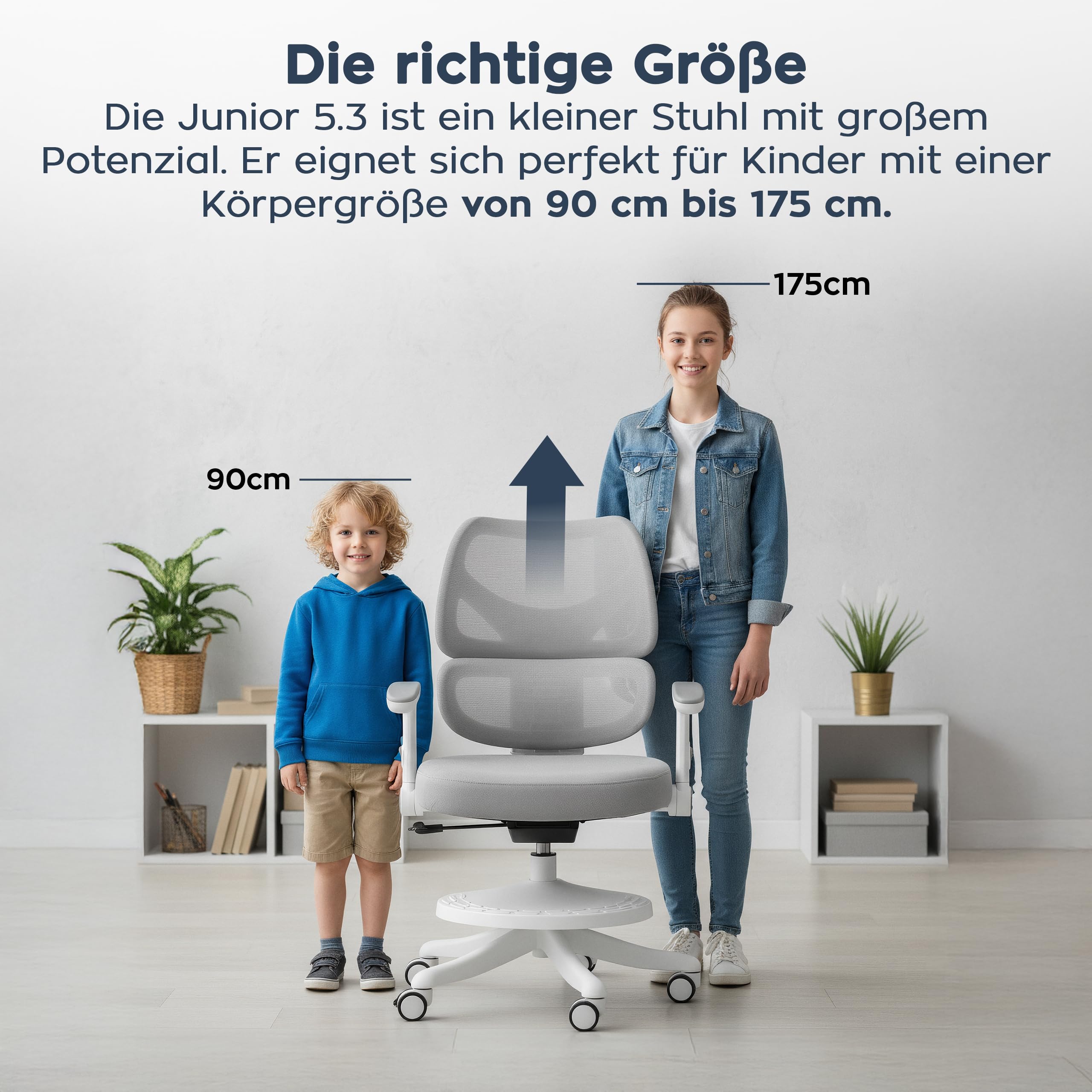 MARK ADLER Junior 5.3 Ergonomischer Kinderstuhl für Kinder und Jugendliche | bis 175 cm - Höhenverstellbar - Mit fußstütze - Verstellbare Rückenlehne - Rollen mit Feststellmechanismus – Grau