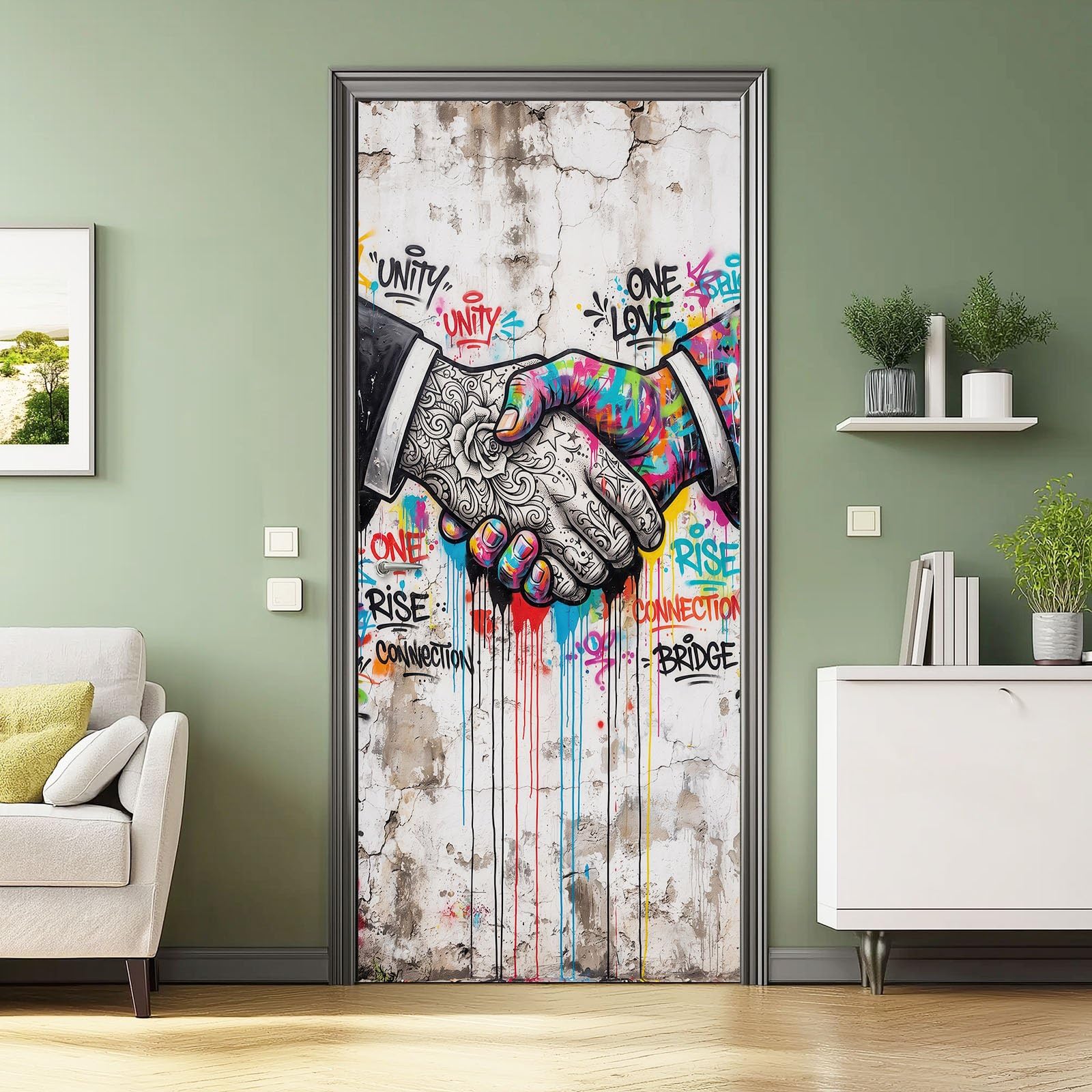 Türtapete selbstklebend blasenfrei | 95 x 215 cm Graffiti Strasse Handschrift Rose Text Farbe | Tür Aufkleber Türfolie | Einteilig | Wasserfest 3D Türaufkleber Klebefolie Türposter Bunt Grau
