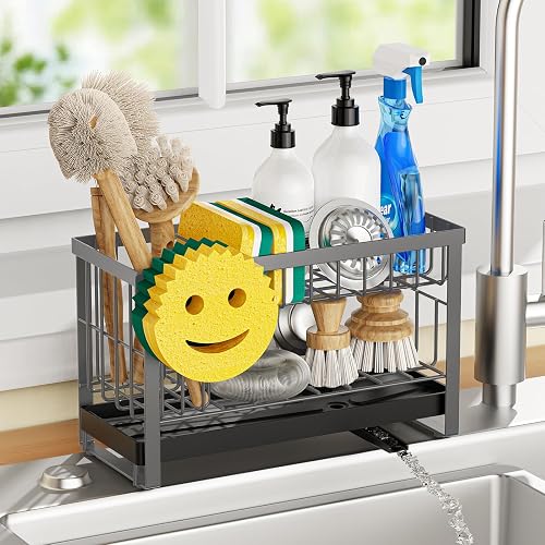 Taugast Sponge Holder for Kitchen Sink with Flexible Smiley Face, 2 Tier Kitchen Sink Organizer, Countertop and Storage Essentials, Soap Dispenser Organizer, Home Decor Accessories - Gray