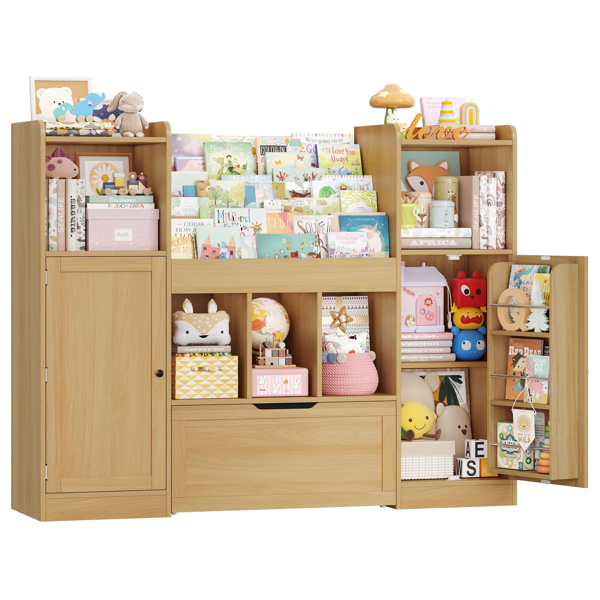 FOREHILL Kids Toy Storage Unit Kids Bookcase Toy Organiser 3-tier Childrens Bookshelf with 2 Storage Doors, 1 Large Drawer on Wheels for Nursery Playroom Oak 140.5 x 33 x 108.2cm