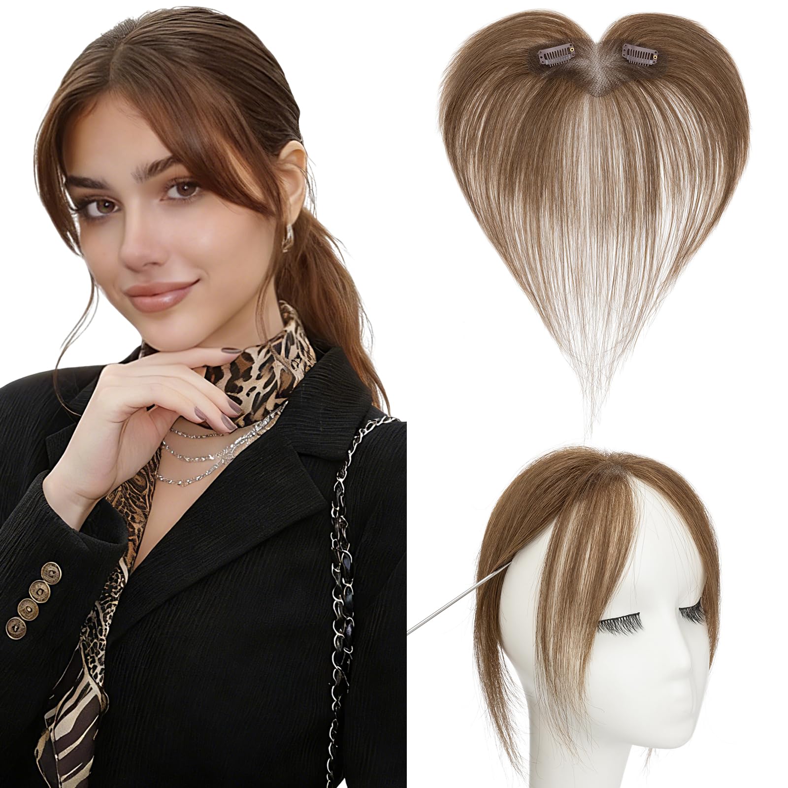 Rich Choices Clip in Pony Echthaar 100% Remy Haarteil Echthaar Pony Haarteil Clip in Hair Topper für Damen Kurz Haar Extentions 9g #4 Mittelbraun Curtain Bangs