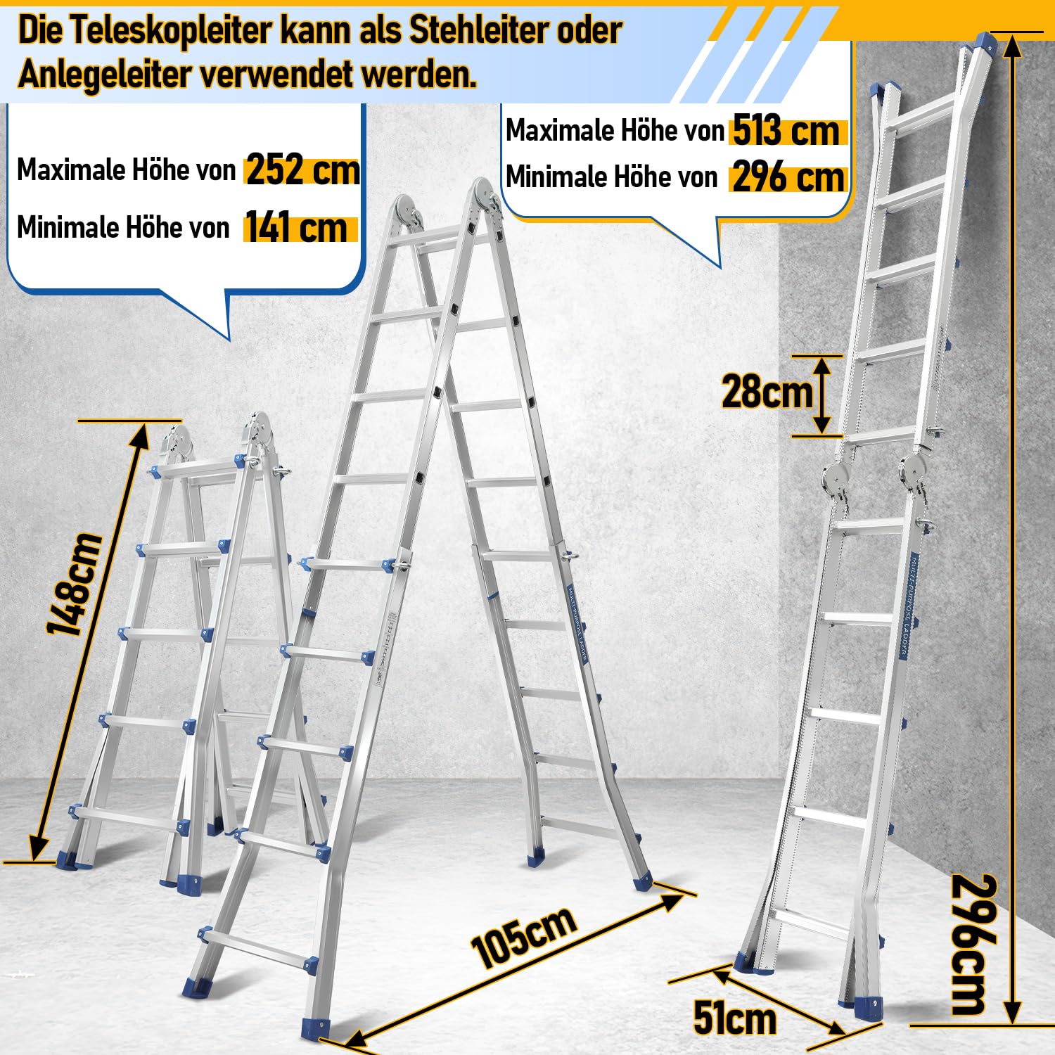 Aluminiowa drabina wielofunkcyjna, drabina teleskopowa 513 cm, szczeble 4 x 5, 4 w 1, obciążenie 150 kg, drabina przesuwna, dwustronna drabina stojąca i schodowa