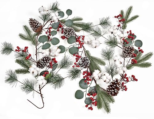 Guirnalda de pino de Navidad de 6 pies con bayas, conos de pino, hojas de eucalipto, bolas de algodón, vegetación de invierno, guirnalda de bayas
