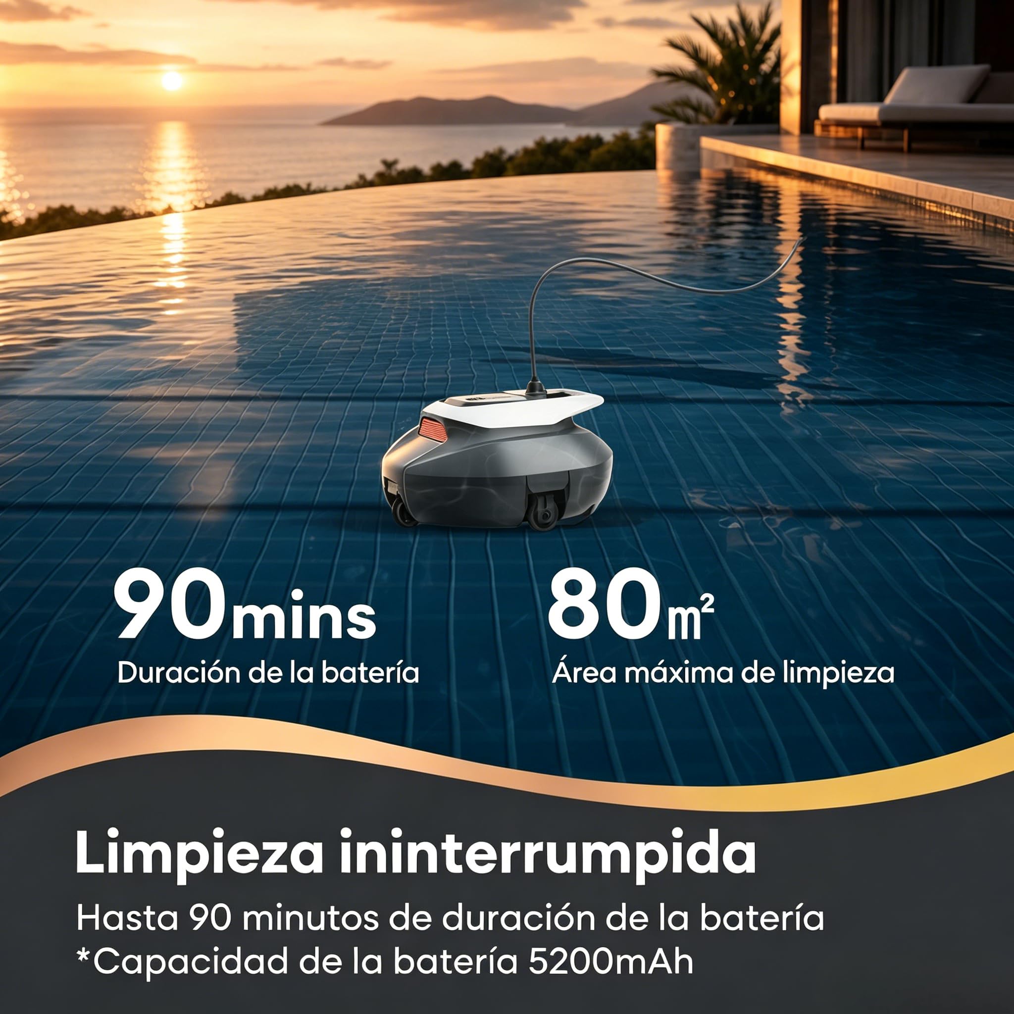 Robot Limpiafondos Piscina Inalámbrico con Flotador, Recogida sin Poste, 2 Motores, 90Min, 80m², Autoaparcamiento Inteligente, Diseño Biónico, Fácil de Usar para Piscina Elevada y Enterrada