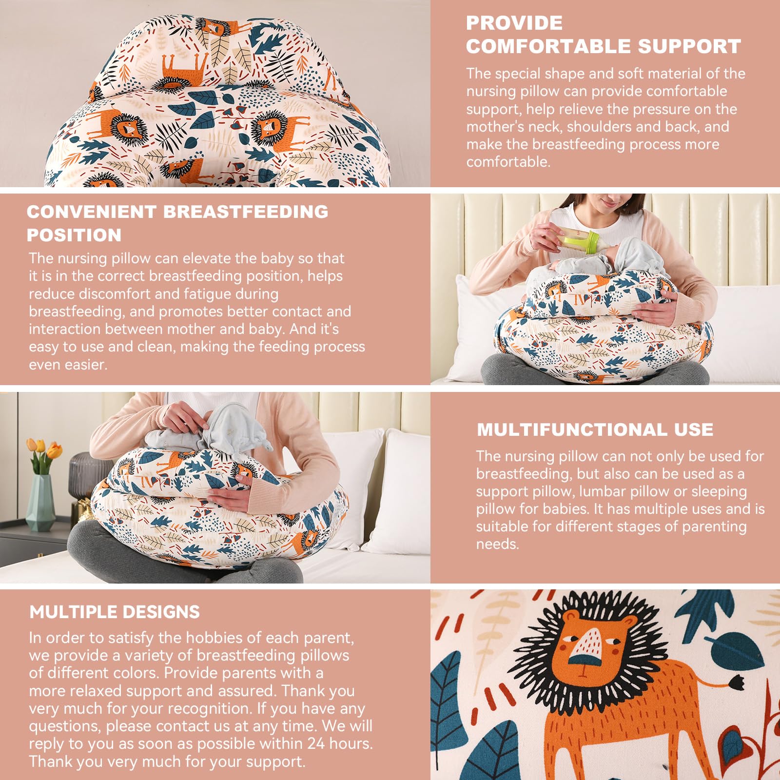 Stillkissen, Schwangerschaftskissen, Multifunktionales Motherhood Stillkissen mit Verstellbarem Hüftgurt und Sicherheitszaun, 100% Baumwollbezug (Löwe)