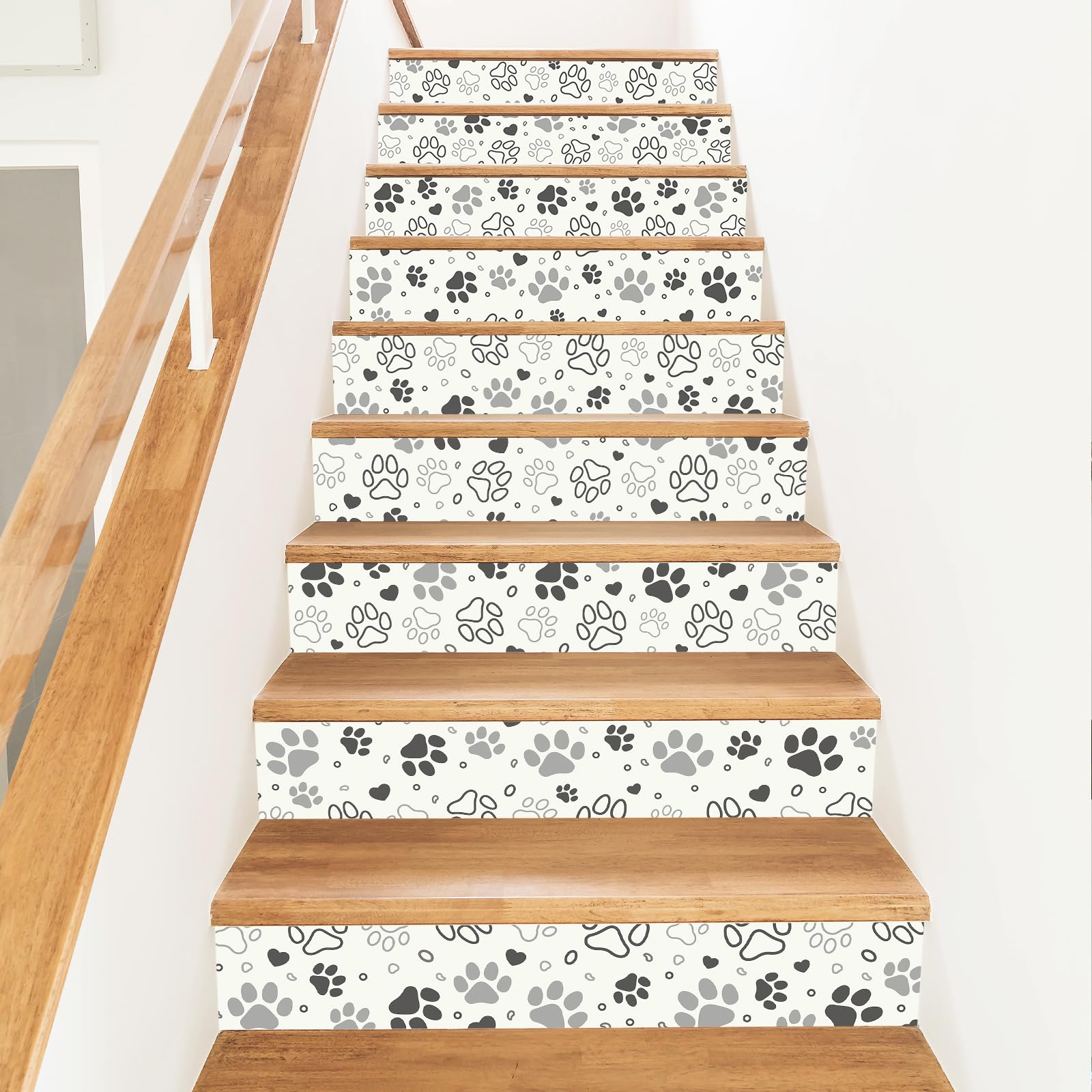 PLIGREAT 15 Strips Pet Paw Stair Decals, Peel and Stick DIY Stair Riser Stickers for Steps 18x100cm Self-Adhesive Vinyl Cute Staircase Murals for Home Hotel Decor