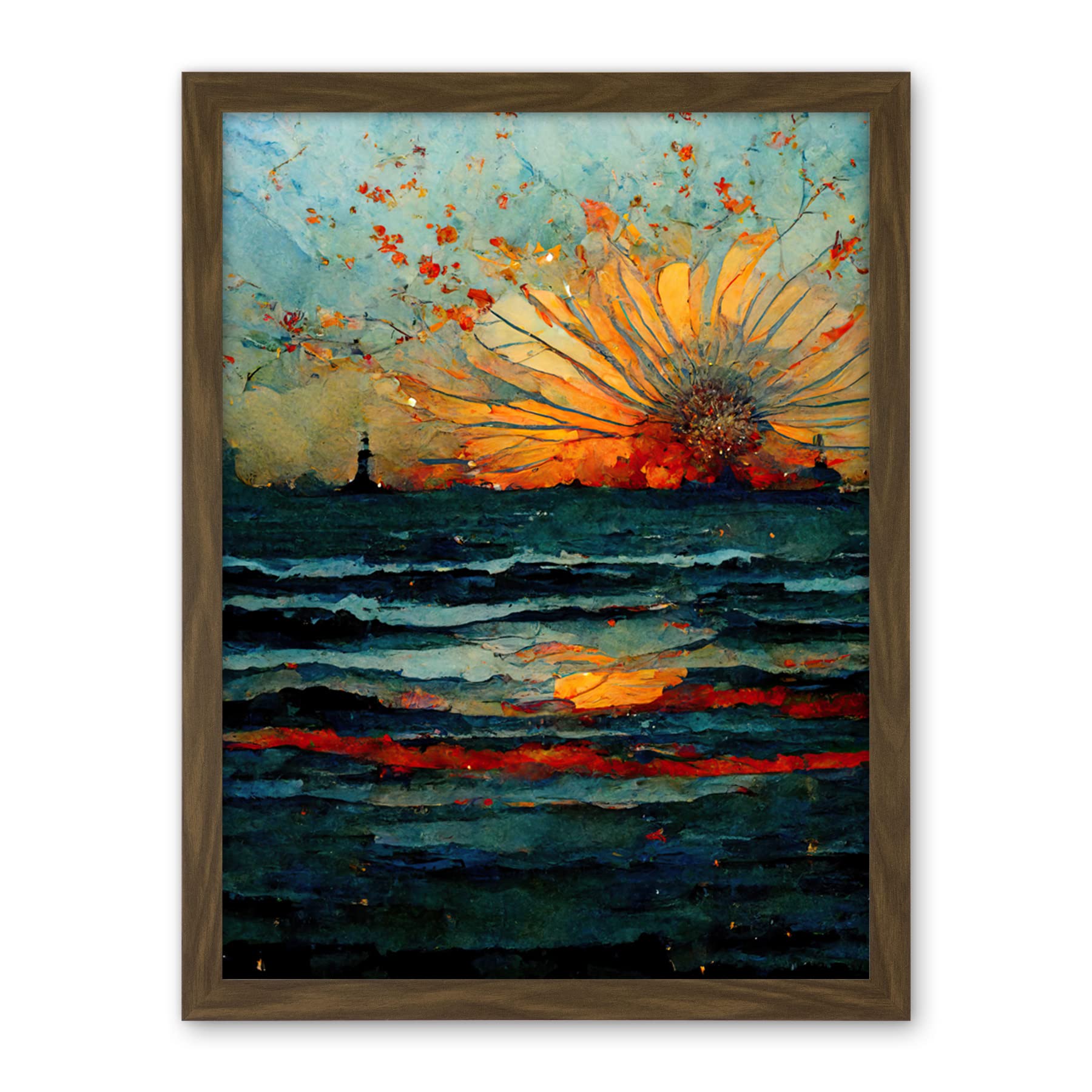 Artery8 Seascape Sunset Port City Waves Horizon Artwork Framed Wall Art Print 18X24 Inch