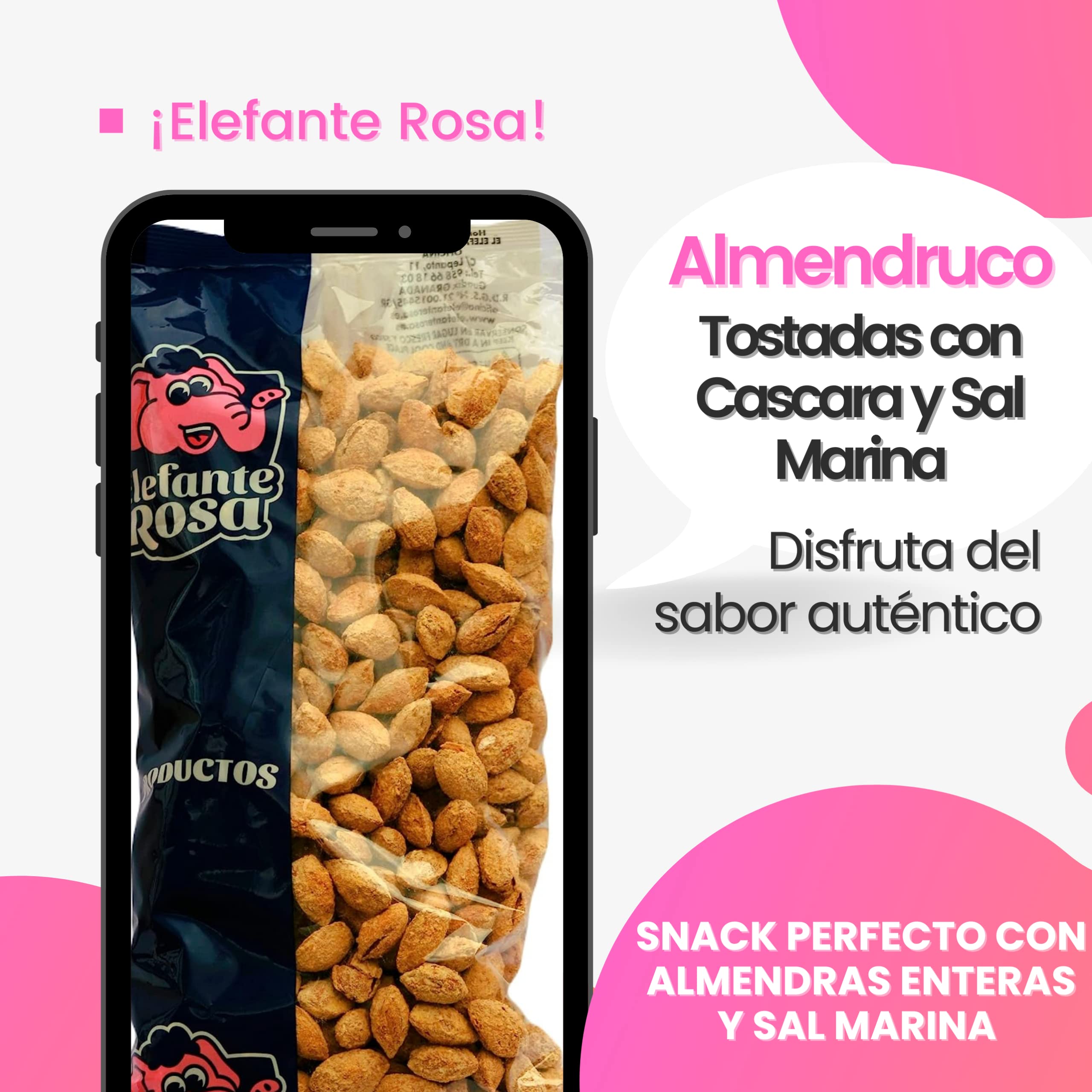 Almendras Saladas con Cascara Frita Salada - Frutos Secos Elefante Rosa Bolsa de 1 Kg - El Snack Saludable y Exquisito para Compartir - Almendras Tostadas Enteras con Sal