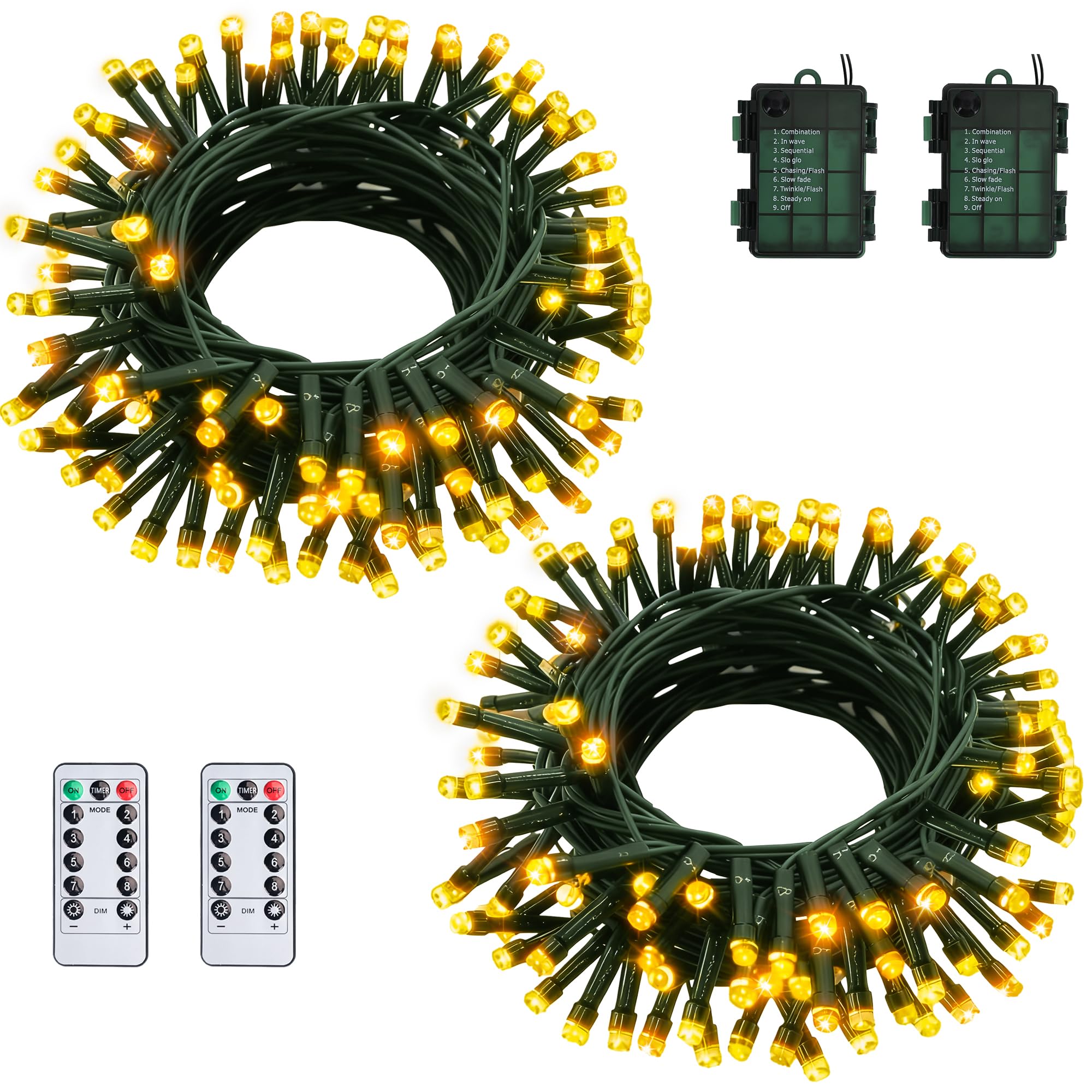 Wudyfei 2 Pack 10M Fairy Lights Battery Operated, Waterproof Christmas Tree Lights with Remote, 8 Modes Dimmable Indoor & Outdoor String Lights for Garden Wedding Xmas Décor(Warm White)