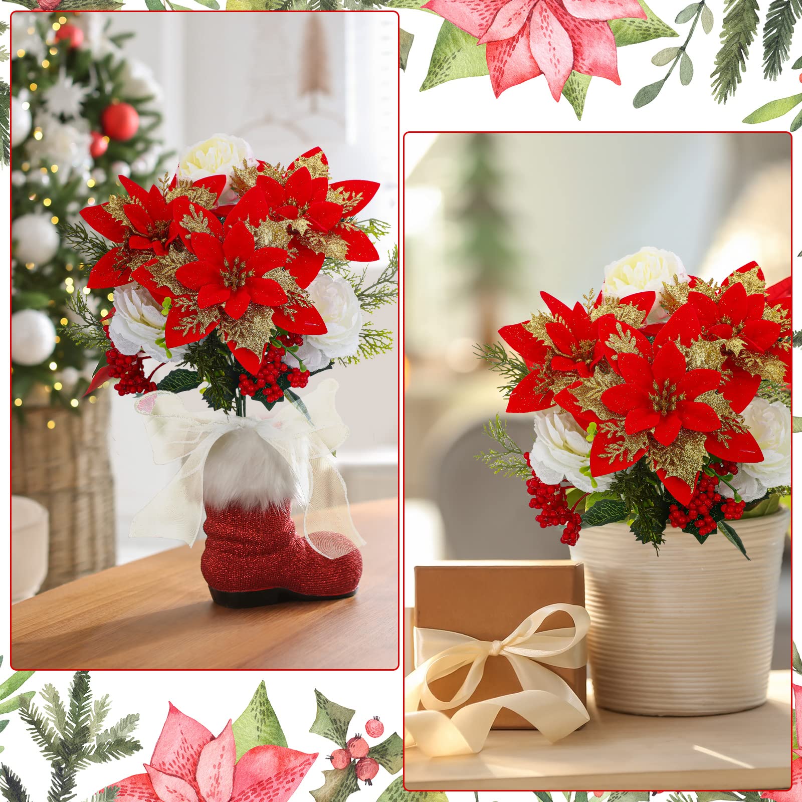 Giegxin Lot de 4 bouquets de Noël poinsettia en velours synthétique de 35 cm pour intérieur ou extérieur, décoration de sapin de Noël, maison, porche
