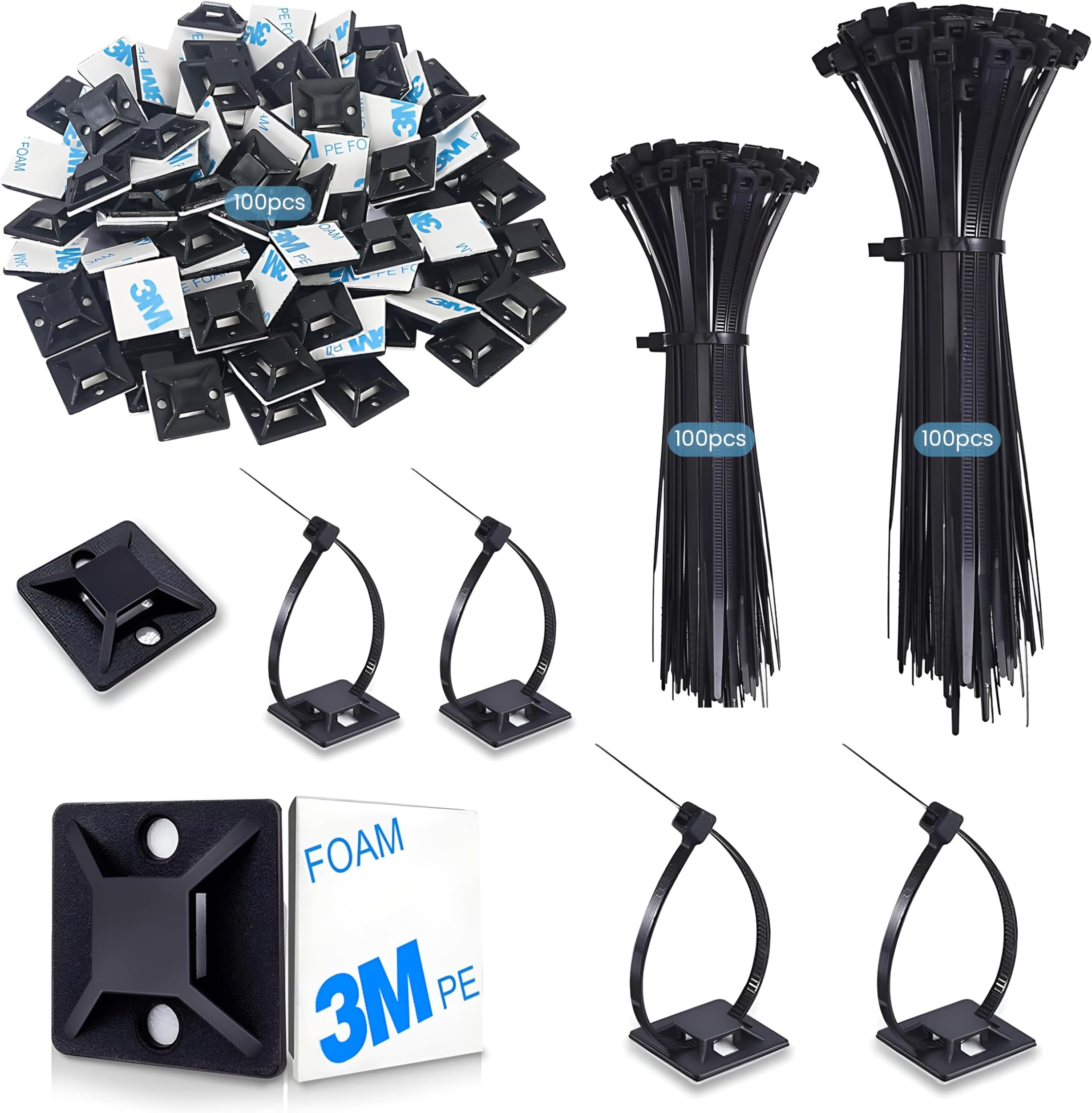 200Pcs Black Cable Ties 120/150mm + 100Pcs Adhesive Cable Clips, Zip Ties Tie Wraps & Cable Tidy Clips, Sticky Pad Bases for Home Office Workshops DIY