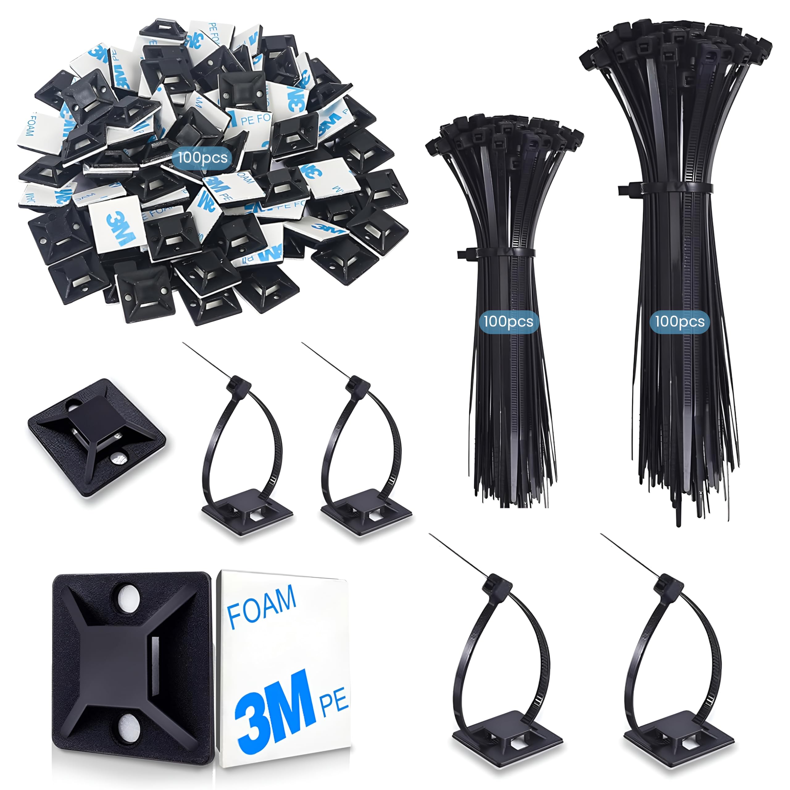 200Pcs Black Cable Ties 120/150mm + 100Pcs Adhesive Cable Clips, Zip Ties Tie Wraps & Cable Tidy Clips, Sticky Pad Bases for Home Office Workshops DIY