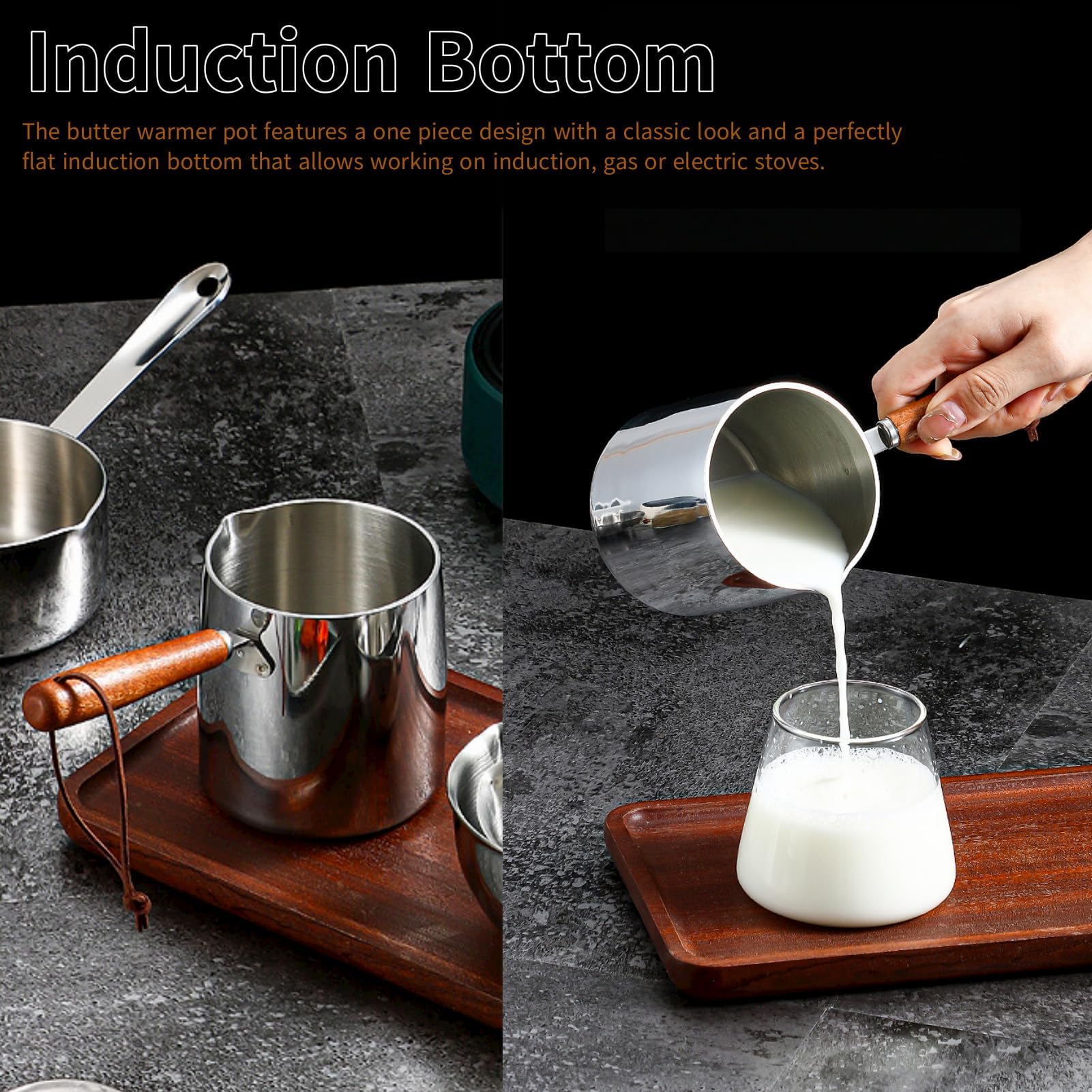 Tissting Pentola Scalda Burro, Piccola Pentola in Acciaio Inox con Manico Legno per Latte Bollente 450ml, per Salsa Cioccolato su Induzione Gas Elettrico