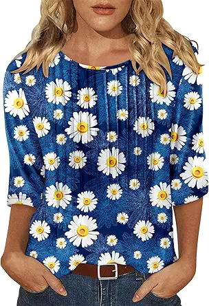 KISSMODA Tunic Tops for Women Loose Fit Dressy Round Neck Pleated 3/4 Length Sleeve Spring Tops