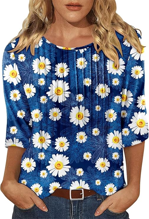KISSMODA Tunic Tops for Women Loose Fit Dressy Round Neck Pleated 3/4 Length Sleeve Spring Tops