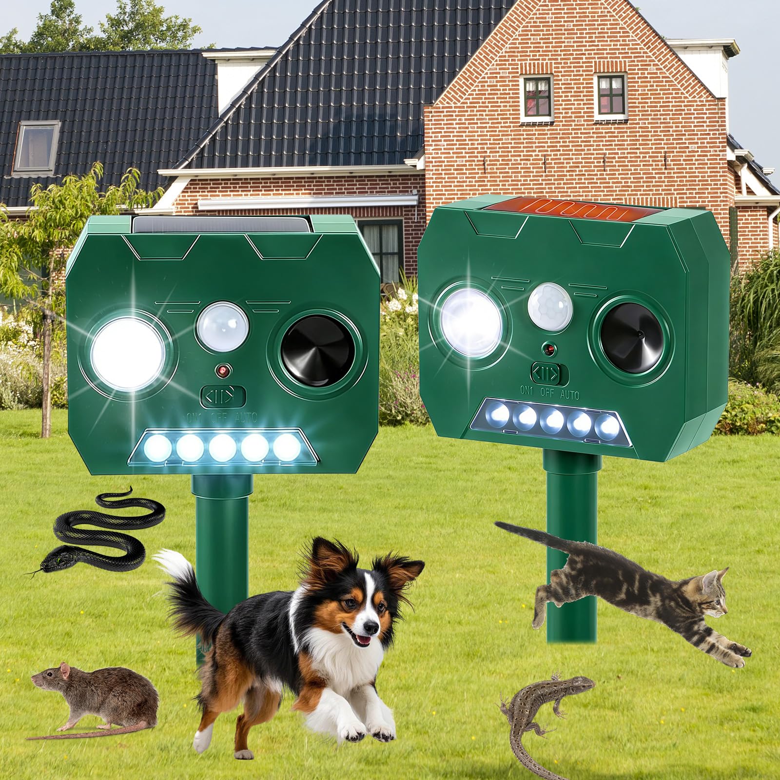 2 Pezzi Dissuasore Gatti, Repellente per Volpi Ultrasonico Solare con Luce LED, 12m 120° Dissuasori per Piccioni Giardino IP65 Impermeabile per Gatti Martore Volpi Cani Procioni