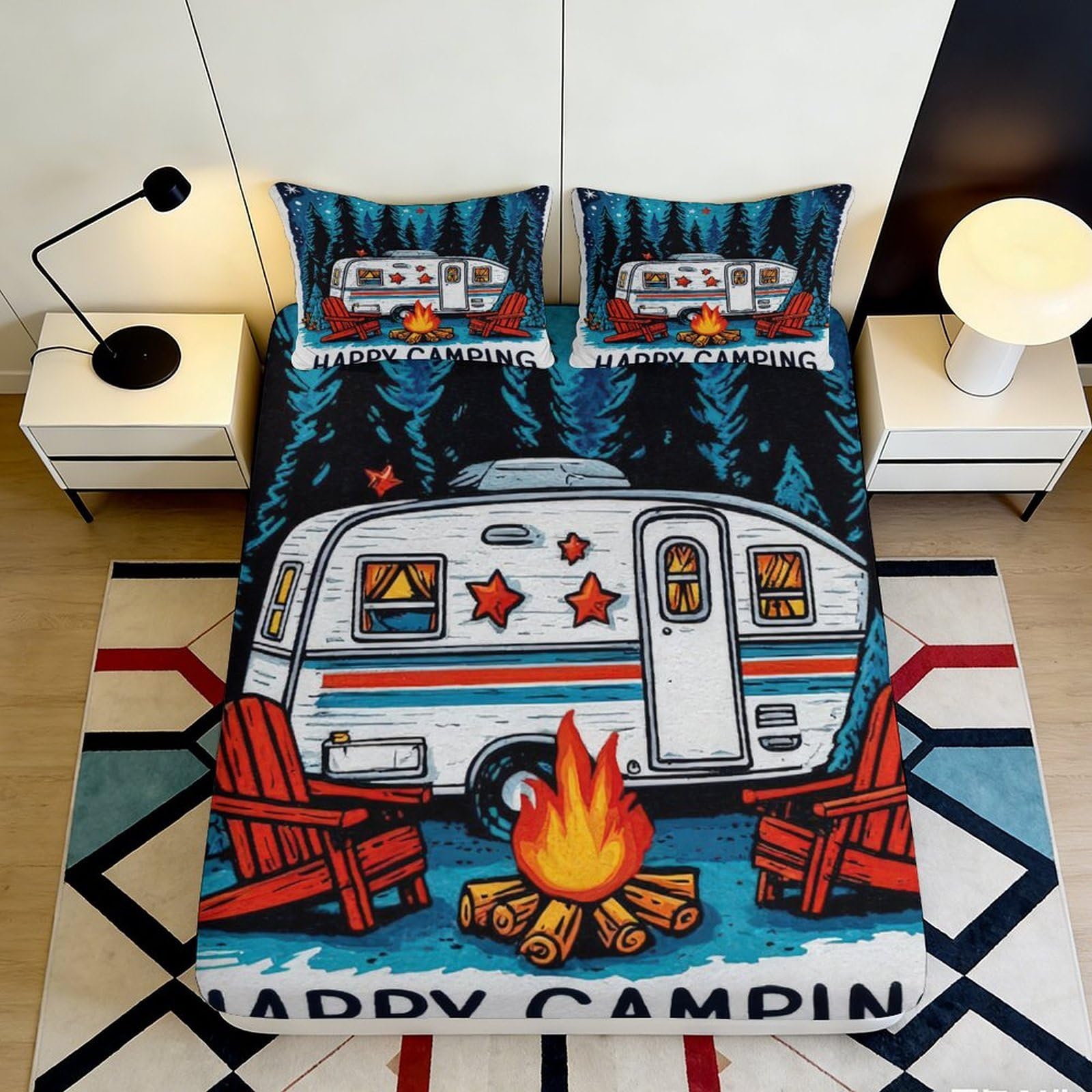 3D Printed Camper Van Campfire Fitted Sheet Microfiber Anti-Slip Mattress Cover for Bedroom Guest Room Dorm Decor 90x200x25cm