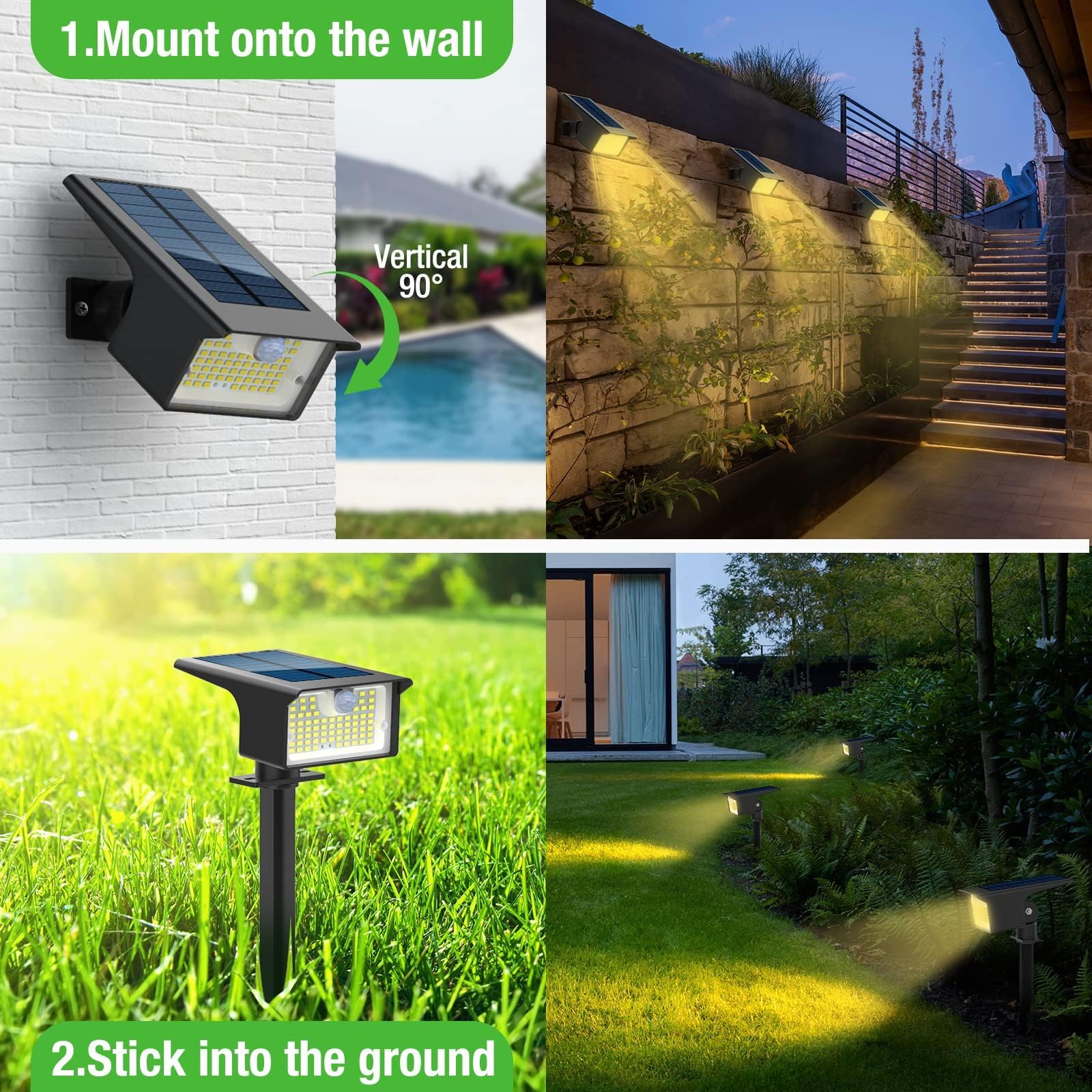 nipify 62LED-3 Modes Faretti Solari a LED da Esterno con Sensore di Movimento, 4 Pezzi Luci Lampade Solari da Giardino Potenti, IP65 Impermeabile Lampada Solare per Cortile, Vialetto, Bianco Caldo