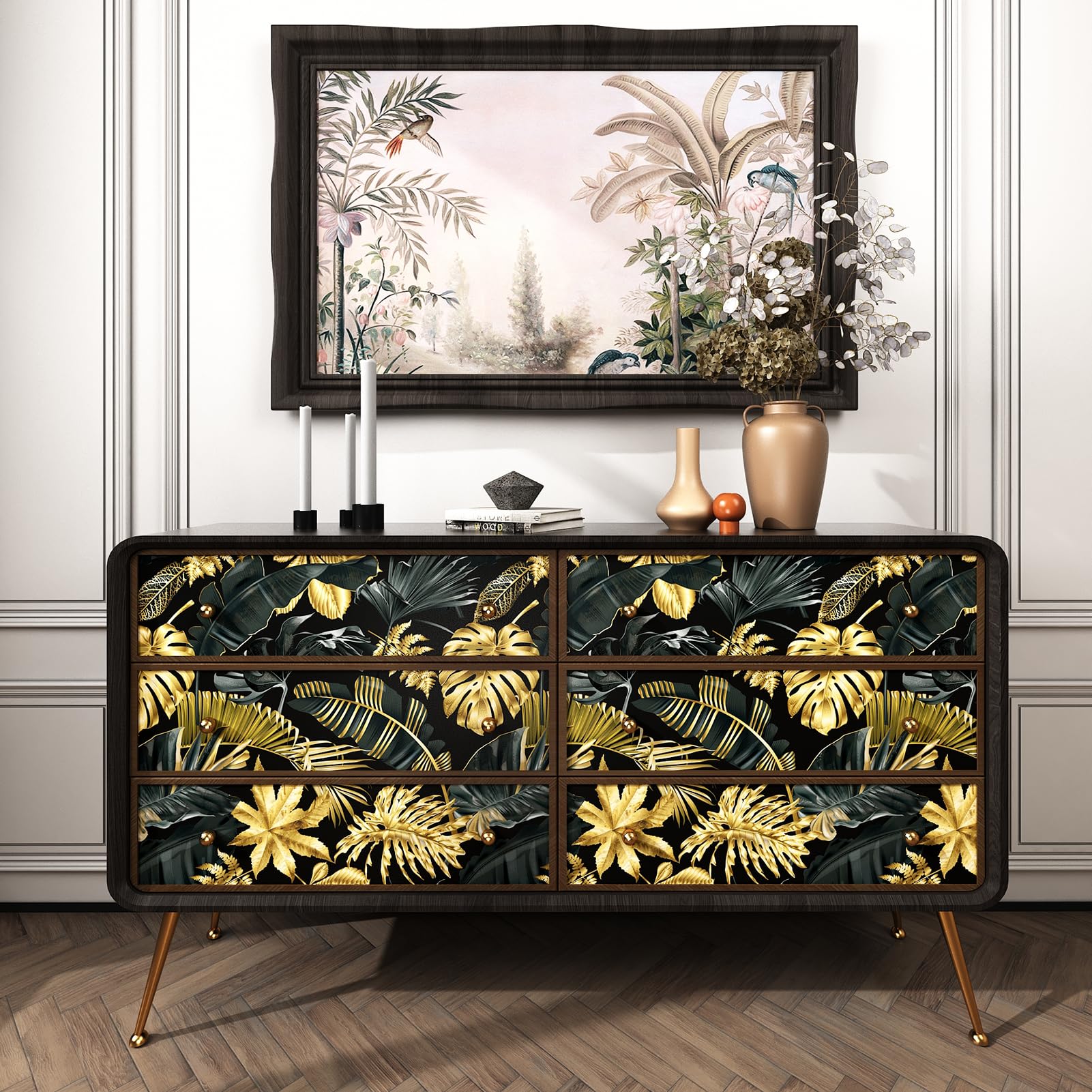 Carta da Parati Jungle Moderna Carta Adesiva per Mobili Decorazioni Parete Carta da Parati Adesiva Foglie Nere/Dorate per Camera Letto Cucina Rotolo Adesivi Decorativi per Mobili 60 X 1000cm