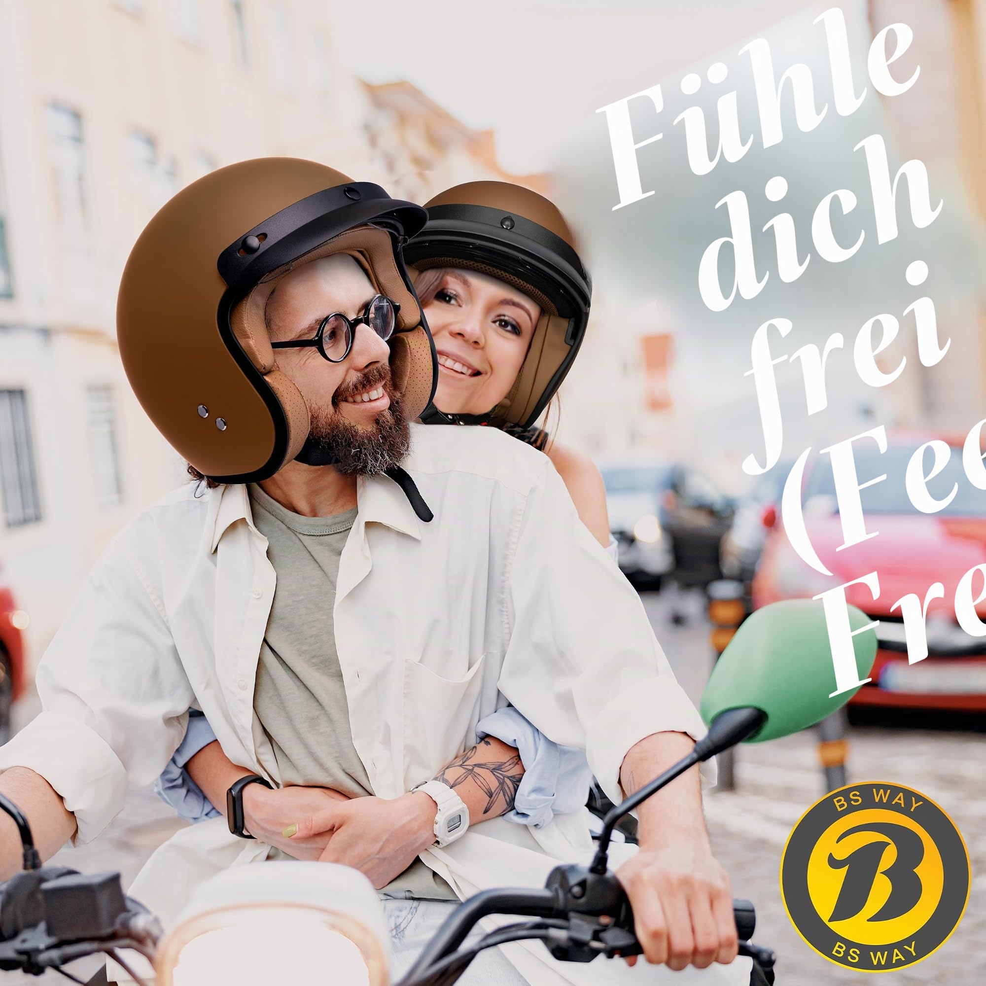 Jethelm mit Visier by BS Way: Hochwertiger Motorradhelm, ECE-Zertifiziert für Herren und Damen - Ideal für Roller, Moped, Mofa und Scooter - Retro Helm Design, Halbschalenhelm Frost Braun