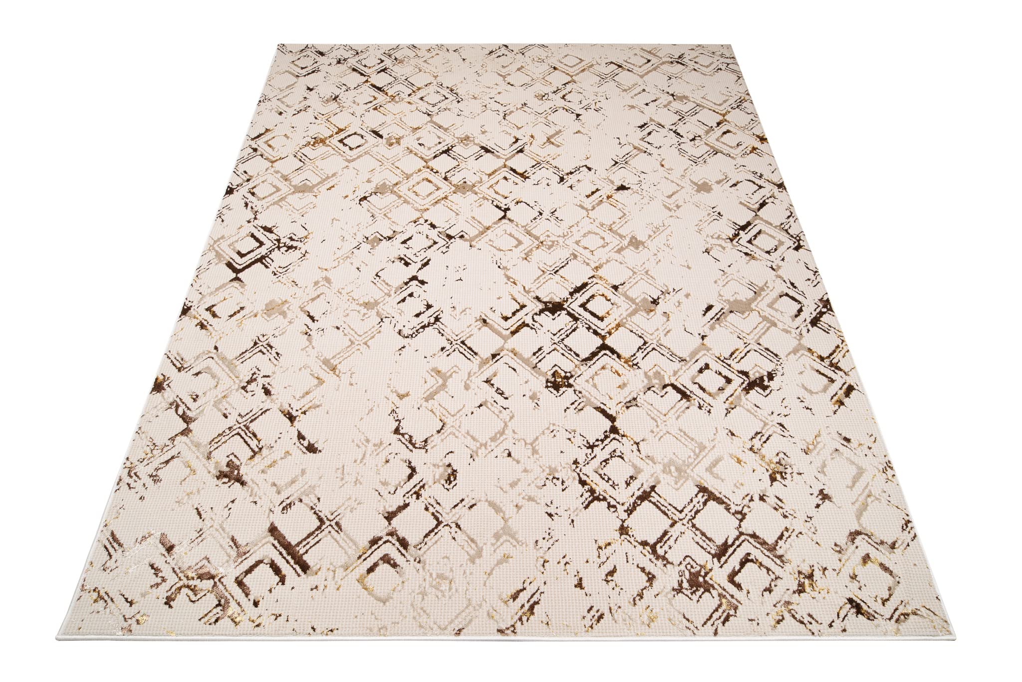 TAPISO Golden Tapis Salon Poils Courts Brillant Moderne Crème Or Moucheté Géométrique Marocain Losanges Tapis Chambre Adulte Salle à Manger Oeko-TEX Résistant 140 x 200 cm