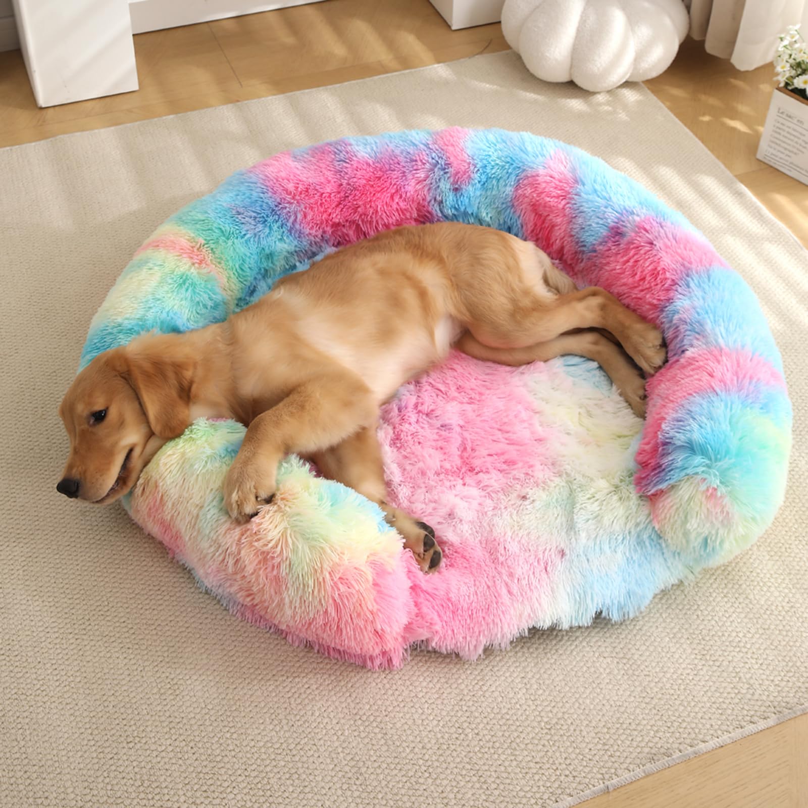 huraty Calming Dog Bed for Medium and Large Dogs - Fluffy Pet Bed 27.5" Donut Dog Bed for Couch - Egg Crate Memory Foam, Non-Slip and Washable Cover (